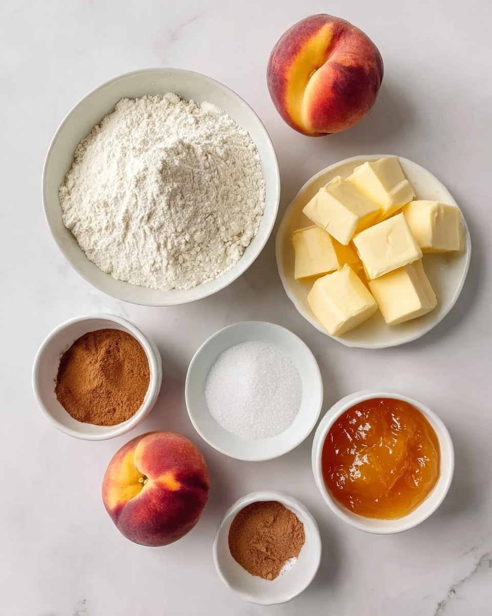 Six small white bowls are arranged with ingredients on a white marbled surface. One bowl holds white flour, filled almost to the top with a powdery texture. Another bowl contains pale yellow cubes of butter, neatly stacked. Three ripe peaches with a smooth skin in shades of red and yellow are placed near the bowls. One small bowl has white sugar granules, and another small bowl has brown cinnamon powder. The last small bowl holds orange jam with a shiny, smooth texture. photo taken with an iphone --ar 4:5 --v 7