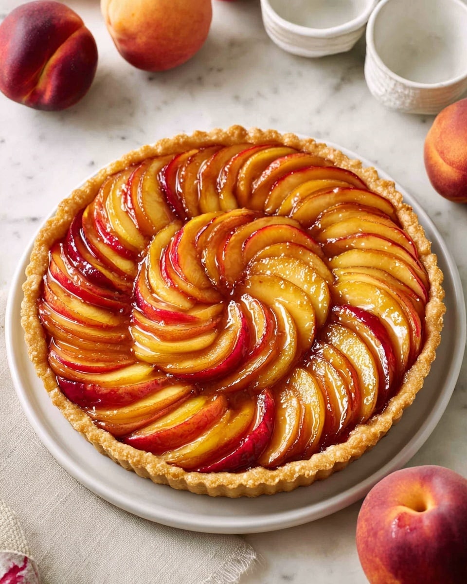 A round tart with a golden-brown crust holds thinly sliced peach pieces arranged in overlapping, curved rows that create a swirling pattern. The peach slices have shades of yellow, orange, and red, with a shiny glaze coating them, making them look juicy and fresh. The tart sits on a plain white plate on a white marbled surface with whole peaches and small white bowls around it. Photo taken with an iphone --ar 4:5 --v 7