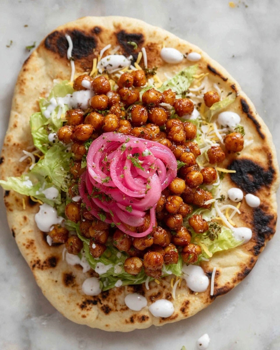 A flatbread with charred brown spots lies flat on a white marbled surface. On top, there is a layer of green lettuce, then a sprinkling of yellow shredded cheese. Above that, there is a generous pile of shiny, reddish-brown cooked chickpeas. On the chickpeas, bright pink pickled onion slices are placed in a small mound. White creamy sauce is drizzled over the chickpeas and onions, with small drops visible around the edges. A sprinkle of black pepper and green herbs is lightly scattered on top. Photo taken with an iphone --ar 4:5 --v 7