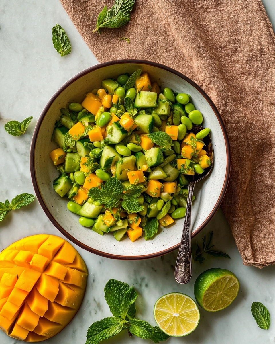 A bowl filled with a fresh salad showing three main layers: bright green edamame beans scattered throughout, medium green cucumber chunks with a slightly textured skin, and vibrant orange mango cubes with a smooth surface, all mixed together. The salad is topped with small chopped mint leaves, adding tiny green pieces sprinkled on the top. The bowl is simple and white with a thin dark brown rim. A dark metal spoon sits inside the bowl holding a mix of all ingredients near the top right side. Next to the bowl, there is a peeled mango with a checker pattern, some fresh mint leaves, and two lime halves on a soft, textured, light brown cloth. The whole scene rests on a white marbled surface. Photo taken with an iphone --ar 4:5 --v 7