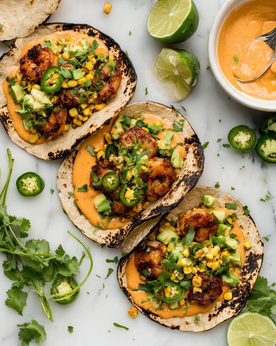 Three soft tortillas with charred edges lie on a white marbled surface. Each tortilla is layered with a smooth, light orange sauce spread evenly as the base. On top, there are browned shrimp pieces with a slightly crispy texture. Scattered over the shrimp is a vibrant mix of diced avocado, charred corn kernels, and sliced green jalapeños. Fresh green cilantro leaves are sprinkled over the top, adding a pop of color. Lime halves and some loose cilantro and jalapeño slices surround the tacos. A white bowl with the same orange sauce and a spoon is partially visible on the side. Photo taken with an iphone --ar 4:5 --v 7