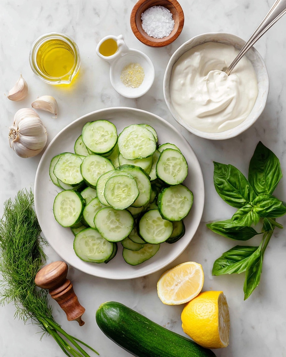 The image shows a white plate filled with round, green cucumber slices stacked in a loose pile at the center. Next to the plate is a white bowl with creamy white sauce and a silver spoon resting inside it. Surrounding these are fresh green basil leaves on the bottom right, two halves of a bright yellow lemon at the bottom, one whole cucumber to the left, and a small bunch of dill nearby. On the top left is a small white dish with light golden liquid, a small wooden bowl with white salt, and a small clear jar with yellow oil. A wooden pepper grinder and a single garlic clove lie near the bowl. All this is set on a white marbled surface. Photo taken with an iphone --ar 4:5 --v 7