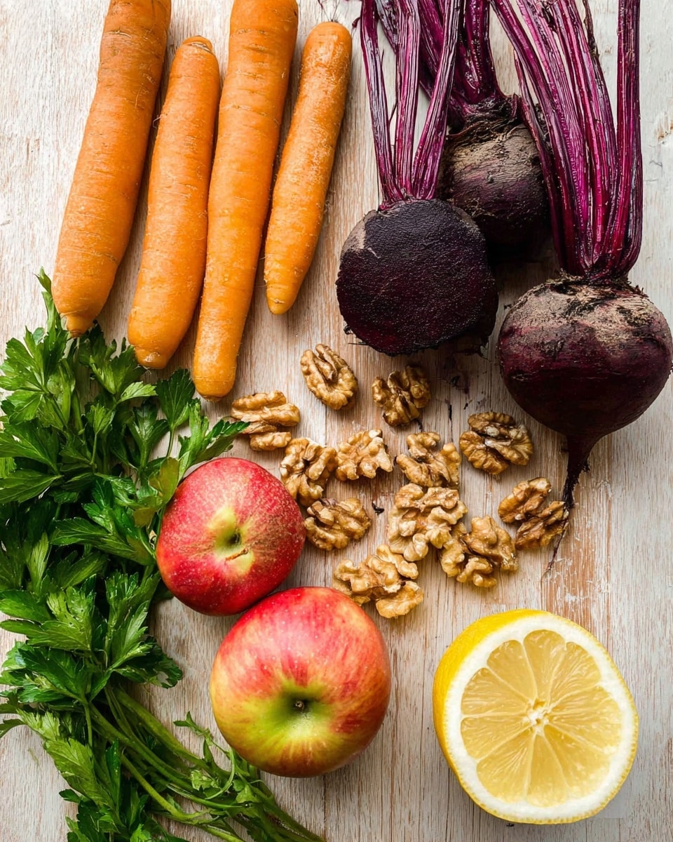 The image shows fresh ingredients placed on a wooden surface that appears light brown with visible grain lines. In the top left, there are two orange carrots side by side, showing a rough texture. Next to them on the right, there are three dark purple beets with some dirt on their skin and leafy purple stems extending upward. Below the beets, there are two red apples with greenish-yellow spots near the stem, their skin smooth and shiny. At the bottom center, a pile of scattered walnut halves with a rough, wrinkled texture is placed. To the bottom right, there is a half lemon with a bright yellow rind and juicy inside facing up. On the far left, fresh green parsley leaves with jagged edges add a pop of color. The surface is white marbled instead of wooden. photo taken with an iphone --ar 4:5 --v 7