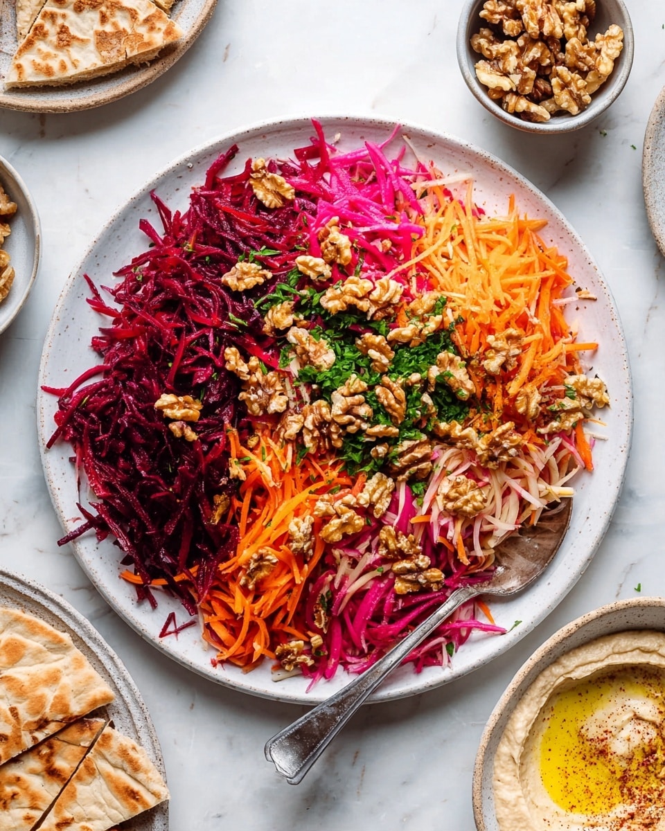A large white plate is filled with a colorful salad made of four main shredded layers arranged in sections: deep purple beets, bright orange carrots, light pink radishes, and dark red beets. The salad is topped with scattered pieces of walnut that are light brown with a rough texture, and fresh green parsley leaves for garnish. A metal spoon rests on the right side of the plate. Around the main plate on a white marbled surface, there is a small white bowl full of walnuts at the top right, a white bowl of hummus drizzled with oil and spices on the bottom right, and a white plate with grilled flatbreads cut into triangles at the bottom. photo taken with an iphone --ar 4:5 --v 7
