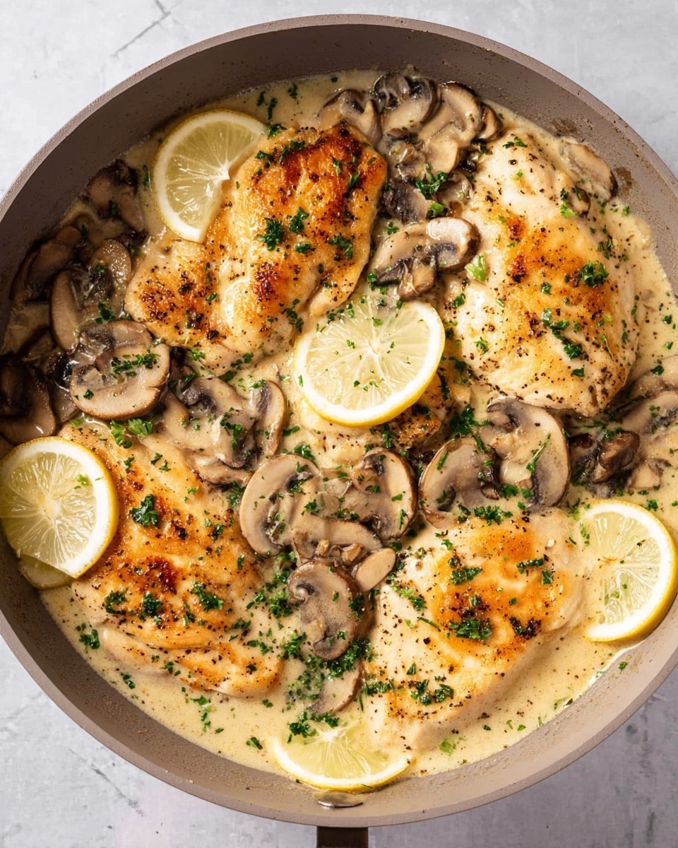 The image shows a pan with four pieces of cooked chicken, light golden with some browned spots on top, arranged closely. The chicken is covered with creamy light brown sauce that fills the pan bottom. Thin slices of light beige mushrooms with darker edges are scattered on top and around the chicken. Bright green chopped herbs are sprinkled evenly over the chicken and mushrooms, adding fresh color. Three lemon wedges with pale yellow flesh and white rind are placed on top around the edges. The pan is on a white marbled surface. Photo taken with an iphone --ar 4:5 --v 7