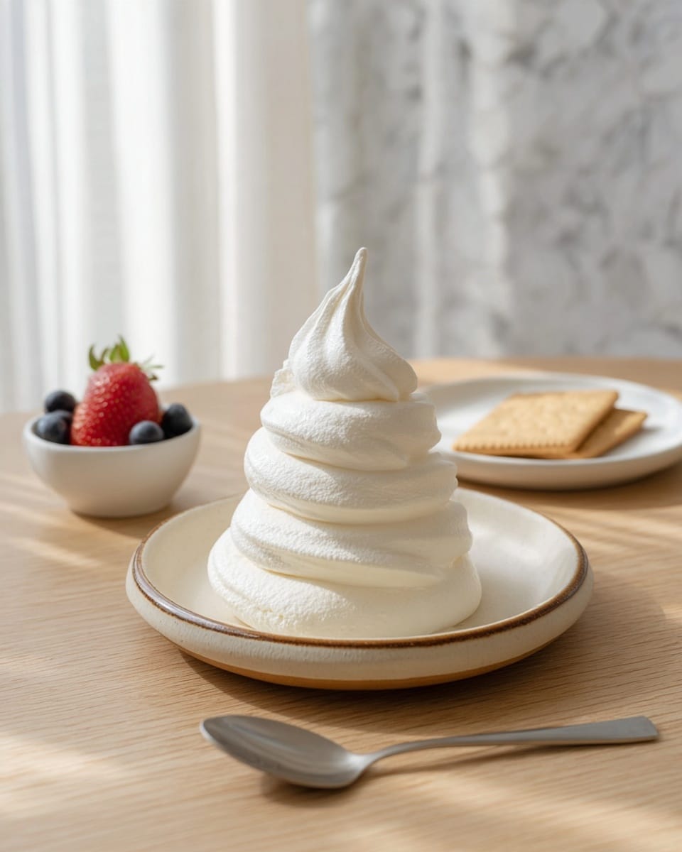 A three-layer swirl of smooth white whipped cream or mousse sits tall on a round, beige ceramic plate with a thin brown rim, placed on a light wooden table. The texture of the cream is soft and fluffy with a pointed peak at the top. Nearby, there is a small white bowl with fresh strawberries and blueberries, and a white plate holding two rectangular cookies. A small silver spoon rests on the table in front of the main plate. The background is a soft white marbled texture with blurred light coming through a sheer curtain, giving a calm and clean look. photo taken with an iphone --ar 4:5 --v 7