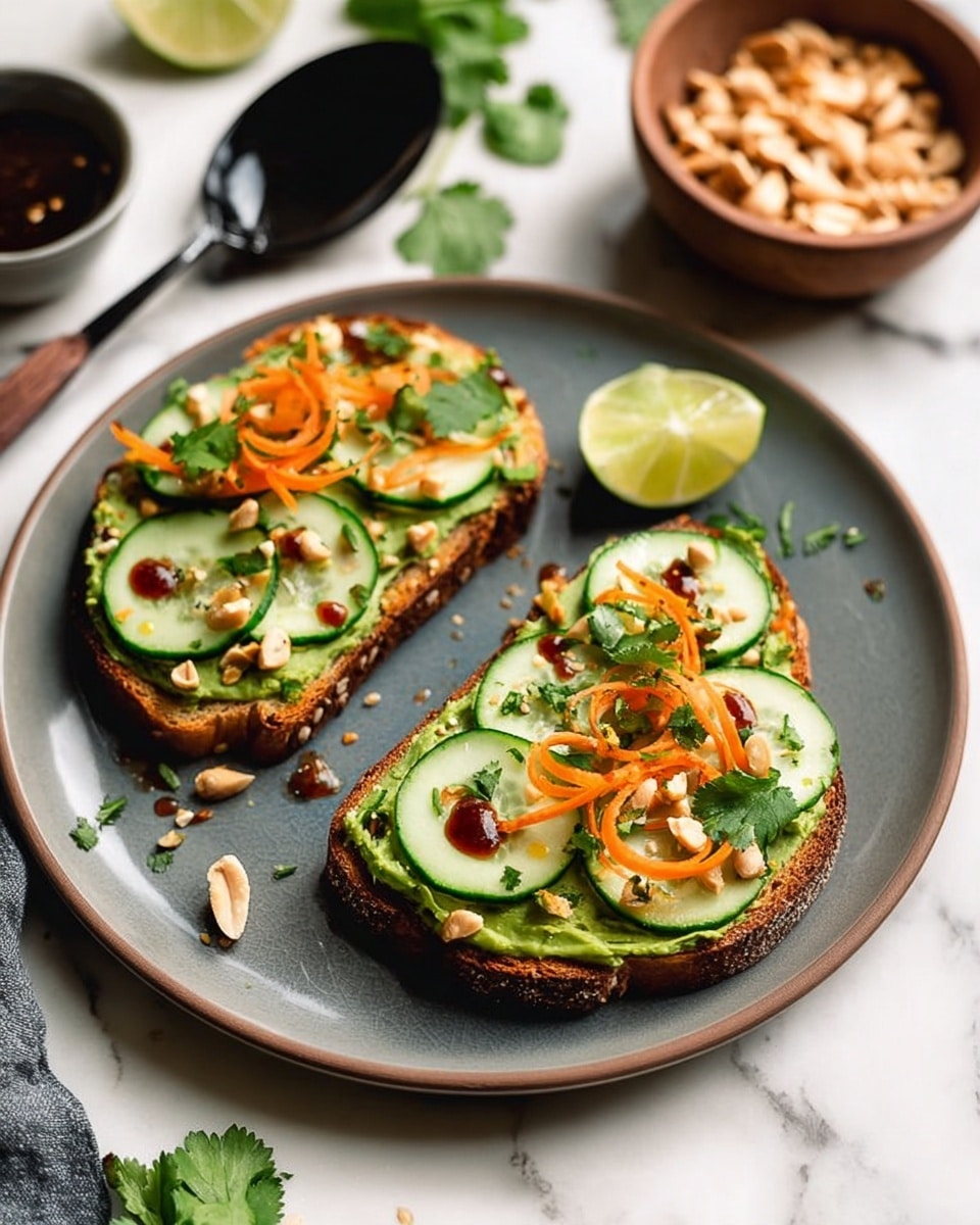 Two slices of toasted bread lie on a gray plate over a white marble surface. Each slice has a thick green spread on top, evenly covering the bread. On the spread, there are round cucumber slices placed in layers, along with thin orange carrot ribbons laid loosely on top. Scattered peanuts and small green leaves of cilantro add texture and color, while a dark reddish sauce is drizzled over the toppings in small drops. A lime wedge rests on the plate, and some fresh cilantro sprigs are nearby. A brown bowl filled with peanuts and a black spoon with dark sauce are also present in the background. Photo taken with an iphone --ar 4:5 --v 7