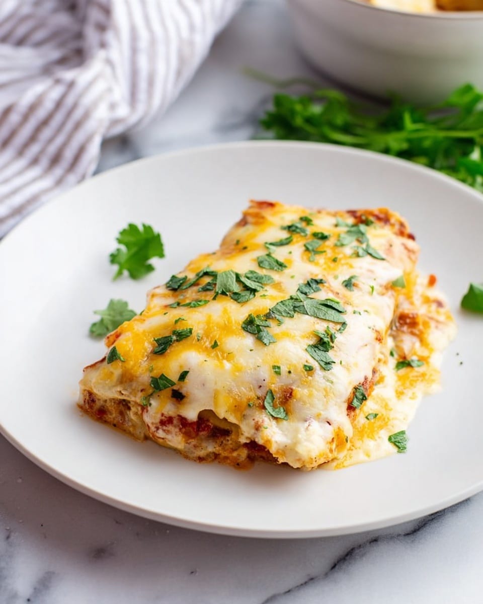 The image shows a white plate with a single serving of a baked dish covered in melted cheese sauce that is light yellow with spots of orange. The dish has two layers: the bottom is a slightly browned base with some red sauce visible around the edges, and the top is a thick, creamy cheese sauce sprinkled with chopped green herbs. The plate is placed on a white marbled surface, with a green leafy garnish to the side and a hint of a striped cloth and bowl in the background. photo taken with an iphone --ar 4:5 --v 7