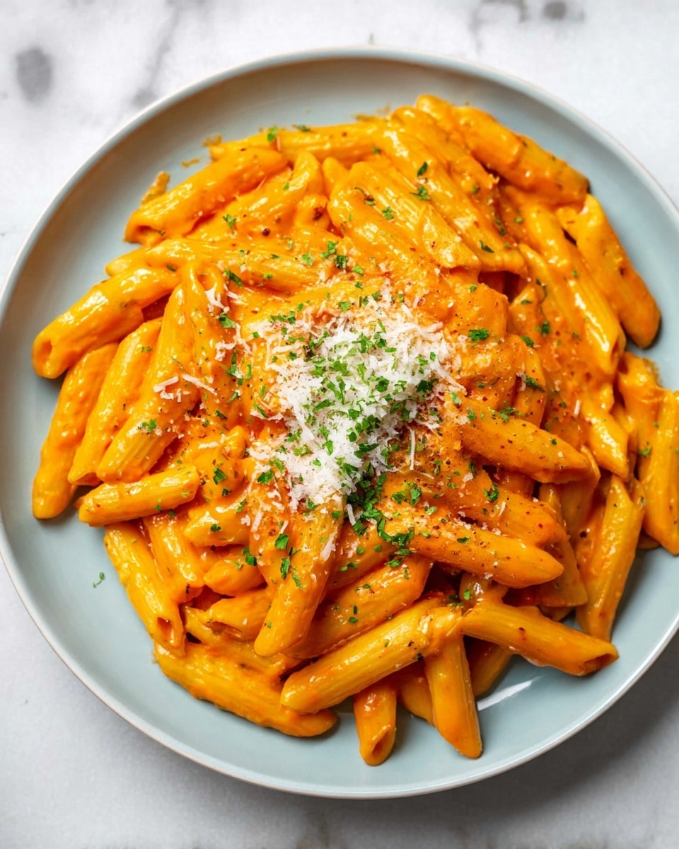 A close-up view of a single layer of bright orange penne pasta coated in creamy sauce, arranged in a loose circle on a white plate. In the middle, there is a small heap of finely grated white cheese that slightly melts into the pasta, topped with a sprinkle of finely chopped green herbs. The background surface is a white marbled texture. photo taken with an iphone --ar 4:5 --v 7