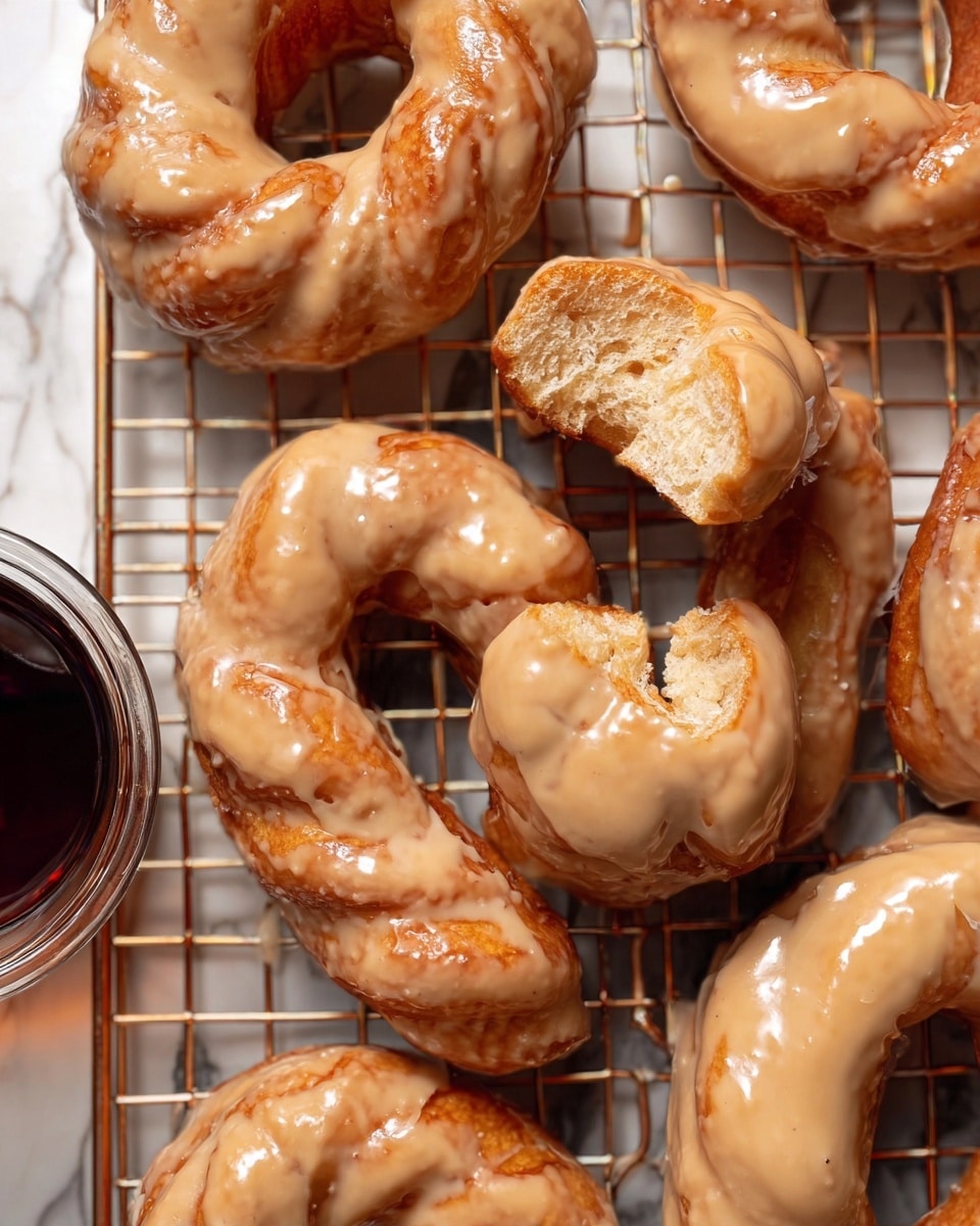 The image shows several twisted warm brown doughnuts covered with a creamy light tan glaze, sitting on a metal rack above a white marbled surface. The doughnuts have a smooth and shiny glaze that coats the top and sides, with some areas revealing the golden baked dough beneath. Two doughnuts are broken open to show a soft, fluffy inside. In the bottom left corner, there is a clear glass container with dark syrup, adding contrast to the light colors of the doughnuts. The scene has a warm and inviting look, with the doughnuts placed close together to fill the frame fully. Photo taken with an iphone --ar 4:5 --v 7