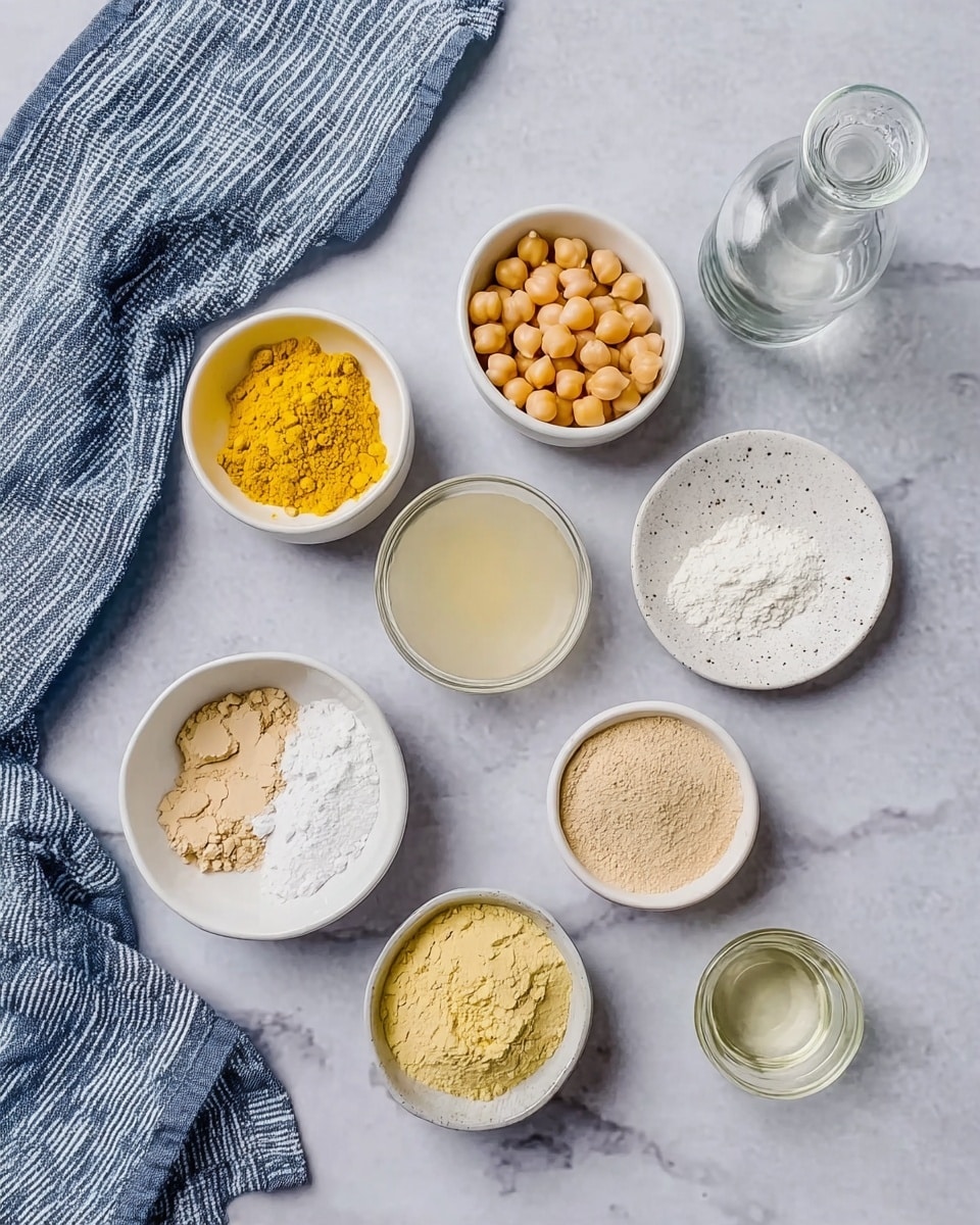 The image shows eight small white round bowls arranged on a white marbled surface. One bowl contains yellow powder, another is filled with whole beige chickpeas, and a third bowl holds white powder. There is a bowl with light beige paste, another with liquid that looks pale yellow, and a clear liquid in a separate bowl. Three types of powders, including a white one, a light beige one, and a yellow one, are on a white plate in one corner. A tall clear bottle with a stopper sits near the bowls, and a folded blue and white striped cloth is placed near the bottom left corner of the image. Photo taken with an iphone --ar 4:5 --v 7