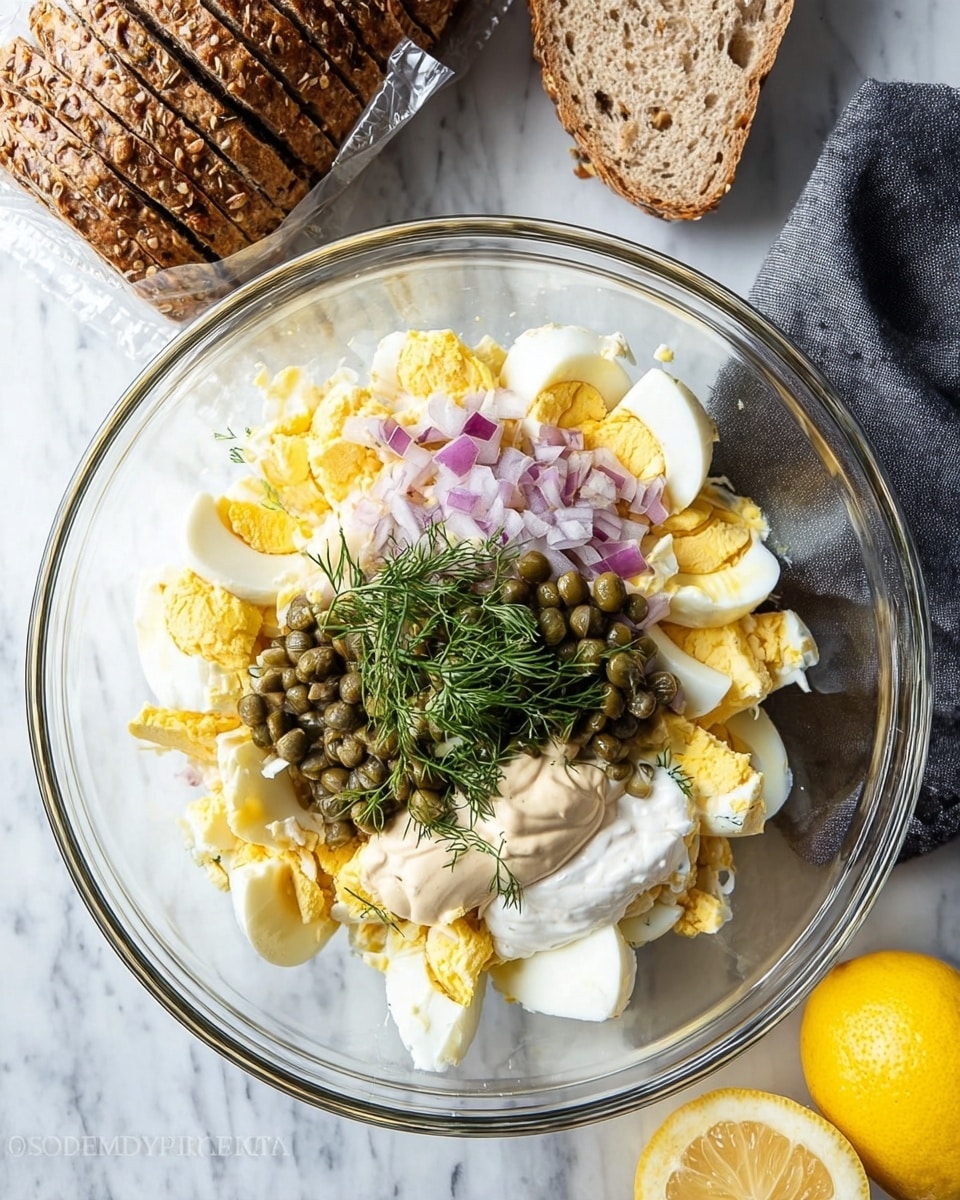 A clear glass bowl on a white marbled surface holds chopped boiled eggs with bright yellow yolks and soft white edges, topped with small chopped pieces of purple onion, a heap of greenish-brown capers, a dollop of light beige mustard, creamy white mayonnaise, and fresh green dill in the center. Surrounding the bowl is a sliced loaf of multigrain bread in clear packaging on the top left, a halved yellow lemon on the bottom right, and a dark gray cloth napkin to the top right. photo taken with an iphone --ar 4:5 --v 7