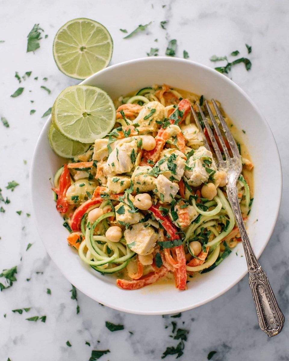 A white bowl holds a colorful dish with three main layers: at the bottom are light green spiralized zucchini noodles mixed with thin red bell pepper strips; in the middle are scattered chunks of white chicken pieces mixed with creamy sauce; on top and throughout are fresh chopped green herbs and small white chickpeas. Two thin slices of lime rest on top, adding a translucent light green circle detail. A vintage silver fork is on the right side of the bowl, placed on the white marbled surface with scattered bits of green herbs around the bowl. Photo taken with an iphone --ar 4:5 --v 7