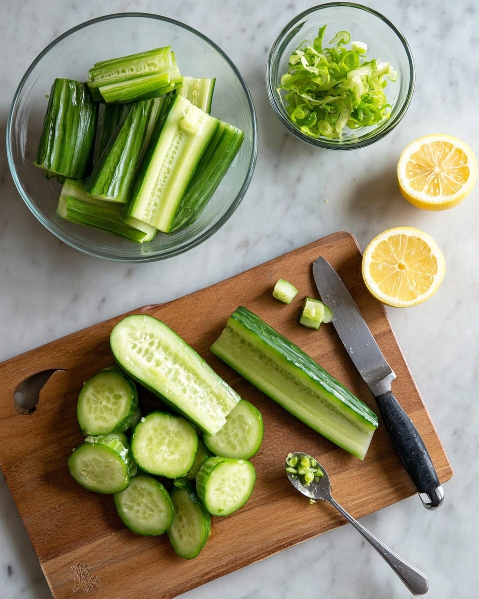a top down shot on a light marble surface showing a wooden cutting board with sliced cucumbers. a glass bowl in the upper left holds several hollowed out cucumber halves. another glass bowl in the upper right contains green cucumber peels and scraped seeds. on the cutting board, there are multiple halved cucumbers with seeds, one cucumber half that has been scooped out, a metal spoon with scraped cucumber seeds on it, and two halves of a yellow lemon. the scene is brightly lit with soft shadows. Photo taken with an iphone --ar 4:5 --v 7