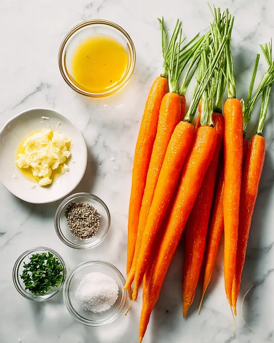 A bunch of bright orange carrots with green tops are placed in the center on a white marbled surface. Around the carrots, there are small clear glass bowls containing light yellow melted butter, minced garlic, and a small white plate with chopped green herbs. Another small white plate holds black pepper and salt. The arrangement is neat and well-lit, showing the fresh ingredients clearly, photo taken with an iphone --ar 4:5 --v 7