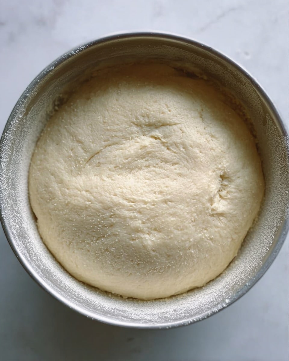 A smooth, round ball of pale, creamy dough with a slightly grainy texture sits at the bottom of a white metal bowl with soft reflections. The dough shows subtle swirls and indentations, with tiny white specks scattered across its surface and around the bowl's edges. The bowl and dough rest on a white marbled surface. photo taken with an iphone --ar 4:5 --v 7