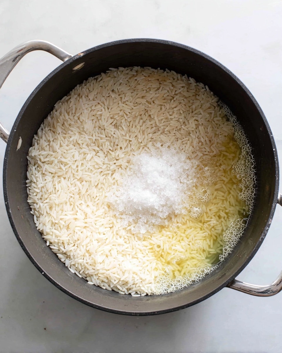 A black pot holds uncooked long white rice grains forming the first layer, mostly covering the bottom and spreading out evenly. To the right side inside the pot, the second layer is melted butter with a light yellow shiny texture, appearing slightly foamy around the edges. On top of the rice in the middle, there is a small pile of white salt crystals, adding a touch of texture contrast. The pot sits on a white marbled surface, and the image is shot from above. photo taken with an iphone --ar 4:5 --v 7