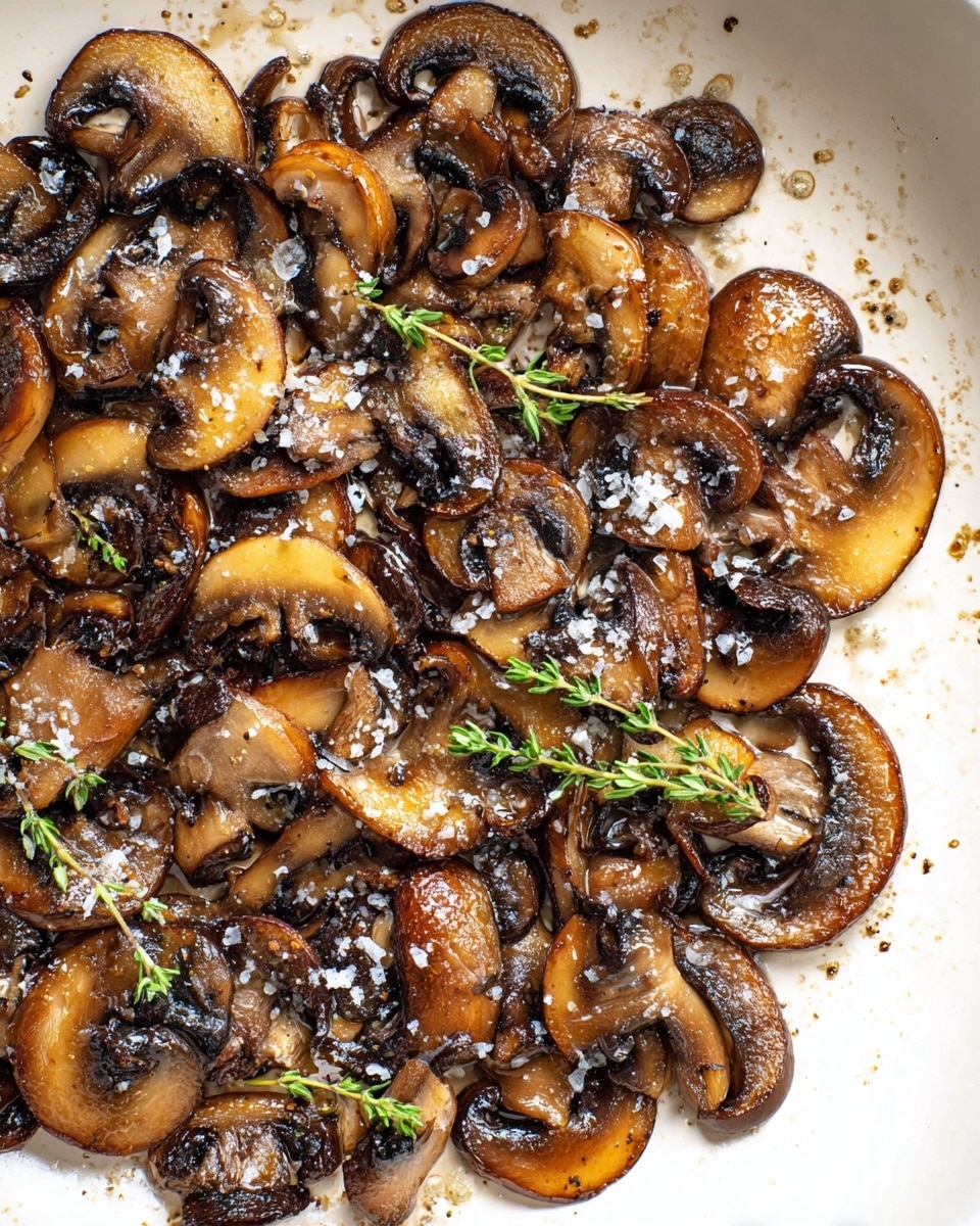 A white pan filled with many slices of cooked mushrooms in shades of brown and dark brown, spread unevenly with some overlapping. There are small sprigs of green herbs scattered on top, along with coarse white salt sprinkled evenly across the mushrooms. The mushrooms have a shiny, slightly oily texture and the pan edges are visible showing a few drops of oil. The background is a white marbled texture. photo taken with an iphone --ar 4:5 --v 7