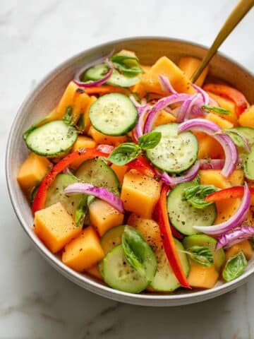 Cantaloupe and Cucumber Salad with Red Bell Pepper and Red Onion Recipe