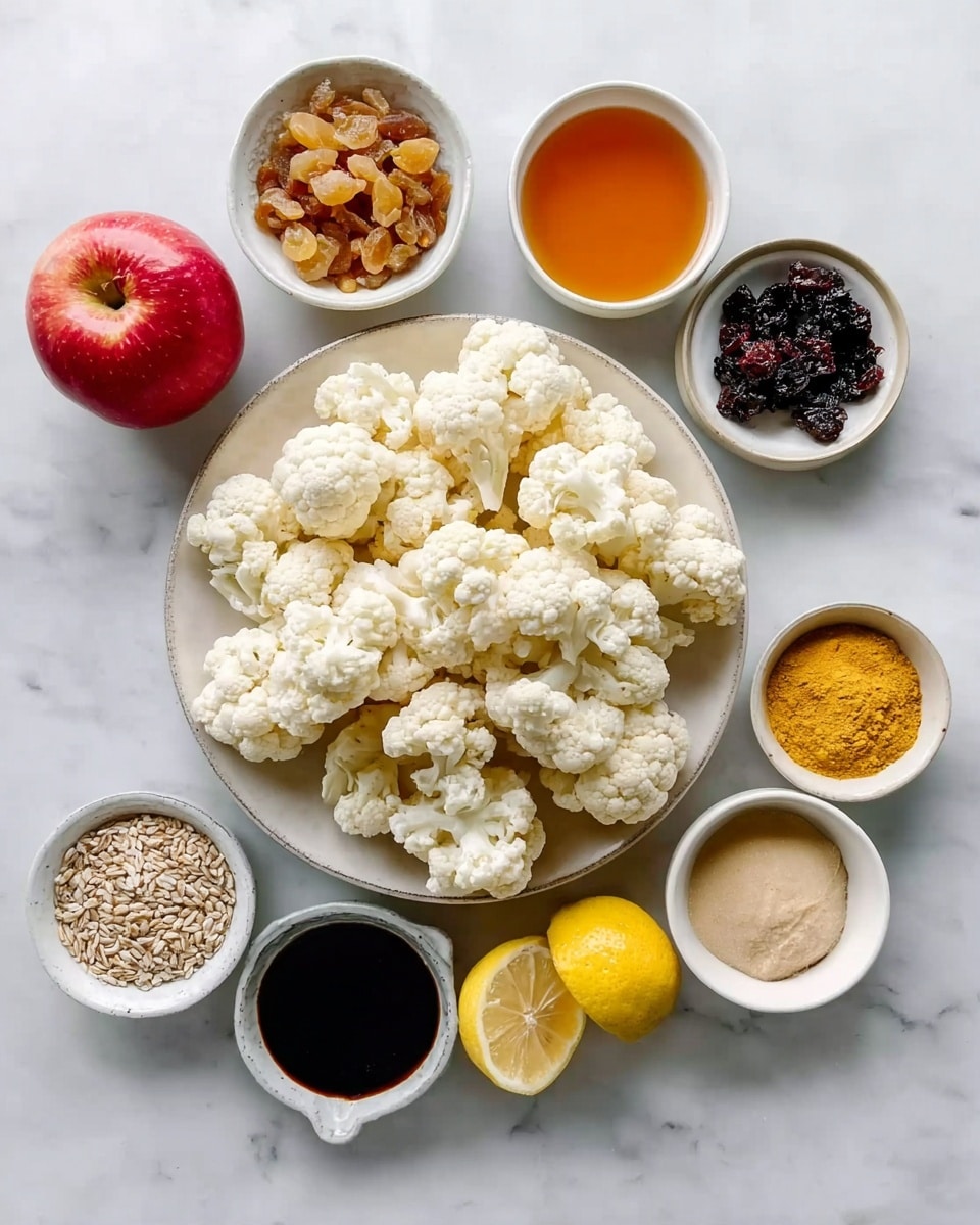 A large white plate holds a pile of white cauliflower florets in the center, surrounded by small white bowls placed on a white marbled surface. The bowls contain various ingredients including mixed grains, golden raisins, a light brown paste, orange liquid, dark soy sauce, white powder, yellow turmeric powder, and two halves of a bright yellow lemon. A red apple is placed next to the bowls on the left side. The arrangement is neat and organized, showcasing a variety of textures and natural colors, all set against a clean, white marbled background. photo taken with an iphone --ar 4:5 --v 7