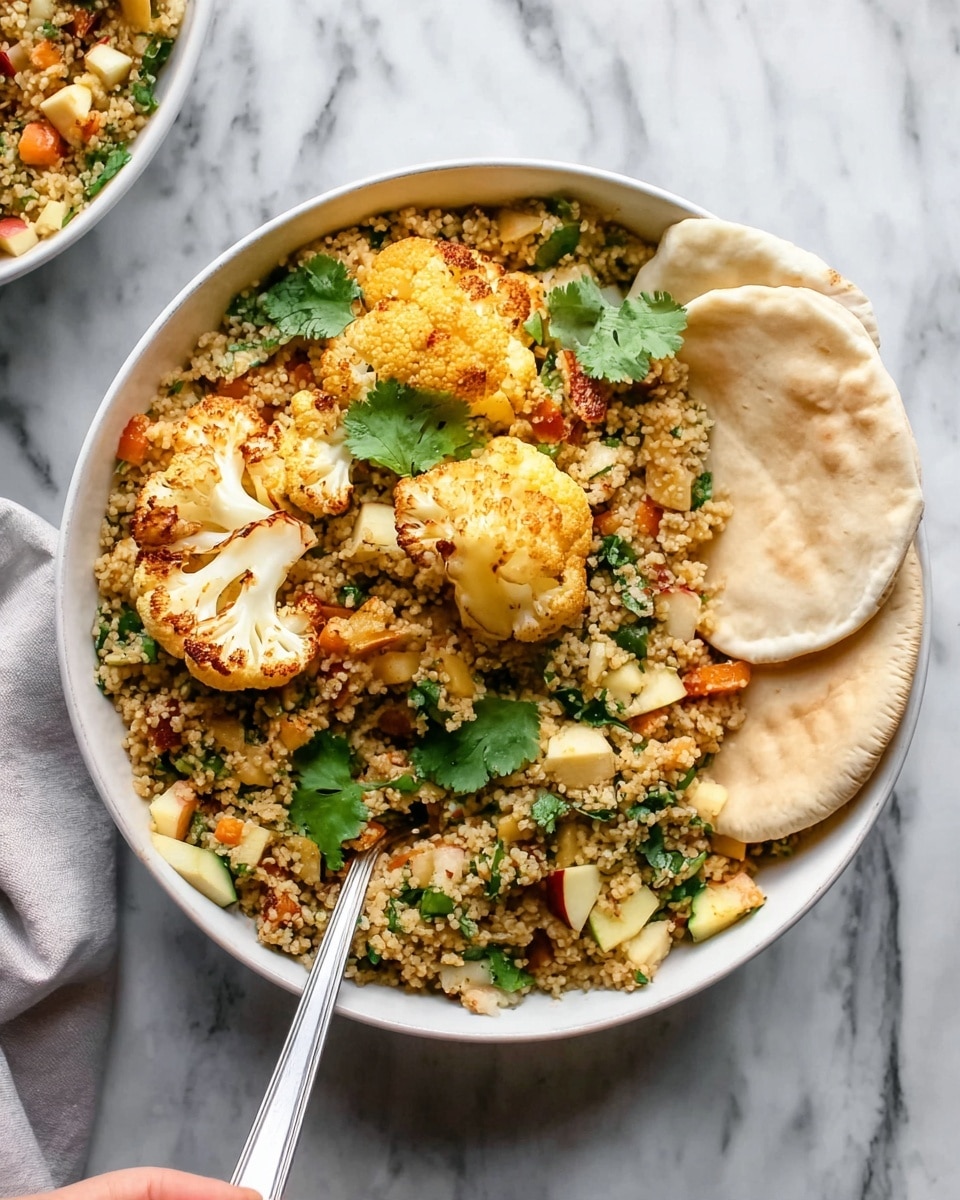 A white bowl filled with a layered dish starting with a base of small grain-like couscous or quinoa mixed with finely chopped green herbs, scattered apple chunks, and spices giving it a light brown and orange tint. On top, large pieces of roasted cauliflower with a slightly browned texture and bright green cilantro leaves add color and freshness. Two small white flatbreads rest on the right side of the bowl. The bowl is placed on a white marbled surface, and a woman's hand is holding a white spoon with a silver handle resting inside the bowl. photo taken with an iphone --ar 4:5 --v 7