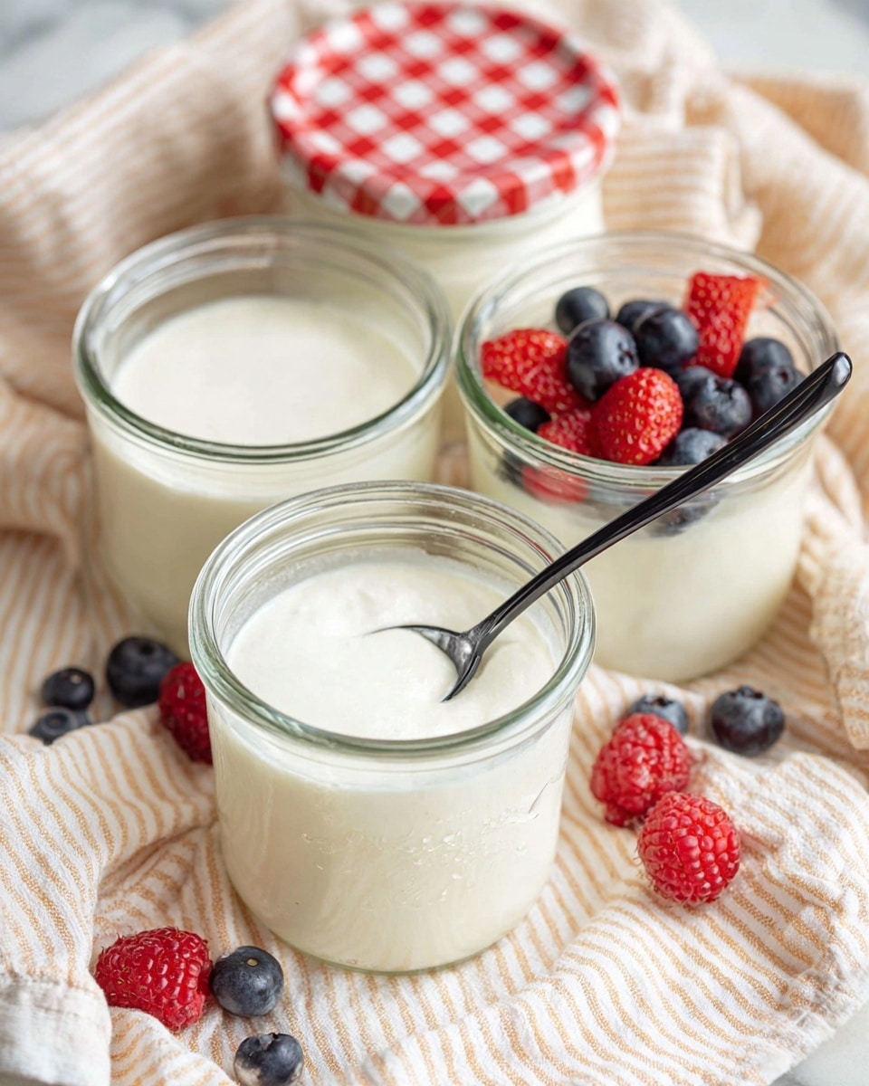 Four clear glass jars sit closely together on a soft cream and light orange striped cloth with raspberries and blueberries scattered around. Three jars are filled with a smooth white creamy substance. The closest jar is open with a black spoon resting inside with some cream on it. Another jar next to it is also open and topped with mixed small dark blue blueberries and red strawberries pieces, adding bright colors on top of the white cream. The last jar at the back is closed with a red and white checkered lid. All jars rest on a white marbled surface. photo taken with an iphone --ar 4:5 --v 7