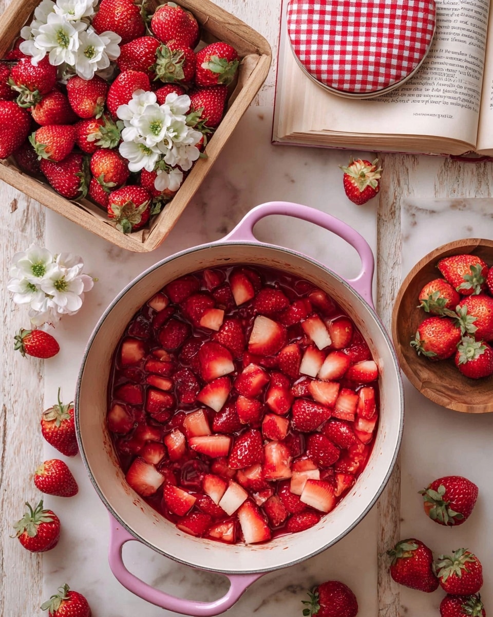 A large white pot with pink handles is filled with bright red chopped strawberries, some pieces showing white inner parts, with a slightly juicy texture. To the upper left, there is a light wooden basket filled with whole, fresh, shiny red strawberries with green leaves, and a couple of white flowers placed on top. Around the pot, several whole and halved strawberries lay scattered on a white marbled surface. To the upper right, a small wooden bowl carries a few whole and halved strawberries along with white flowers inside, placed on an open book with more white flowers and a red and white checkered jar lid on top. The scene has a fresh and vibrant look, photo taken with an iphone --ar 4:5 --v 7