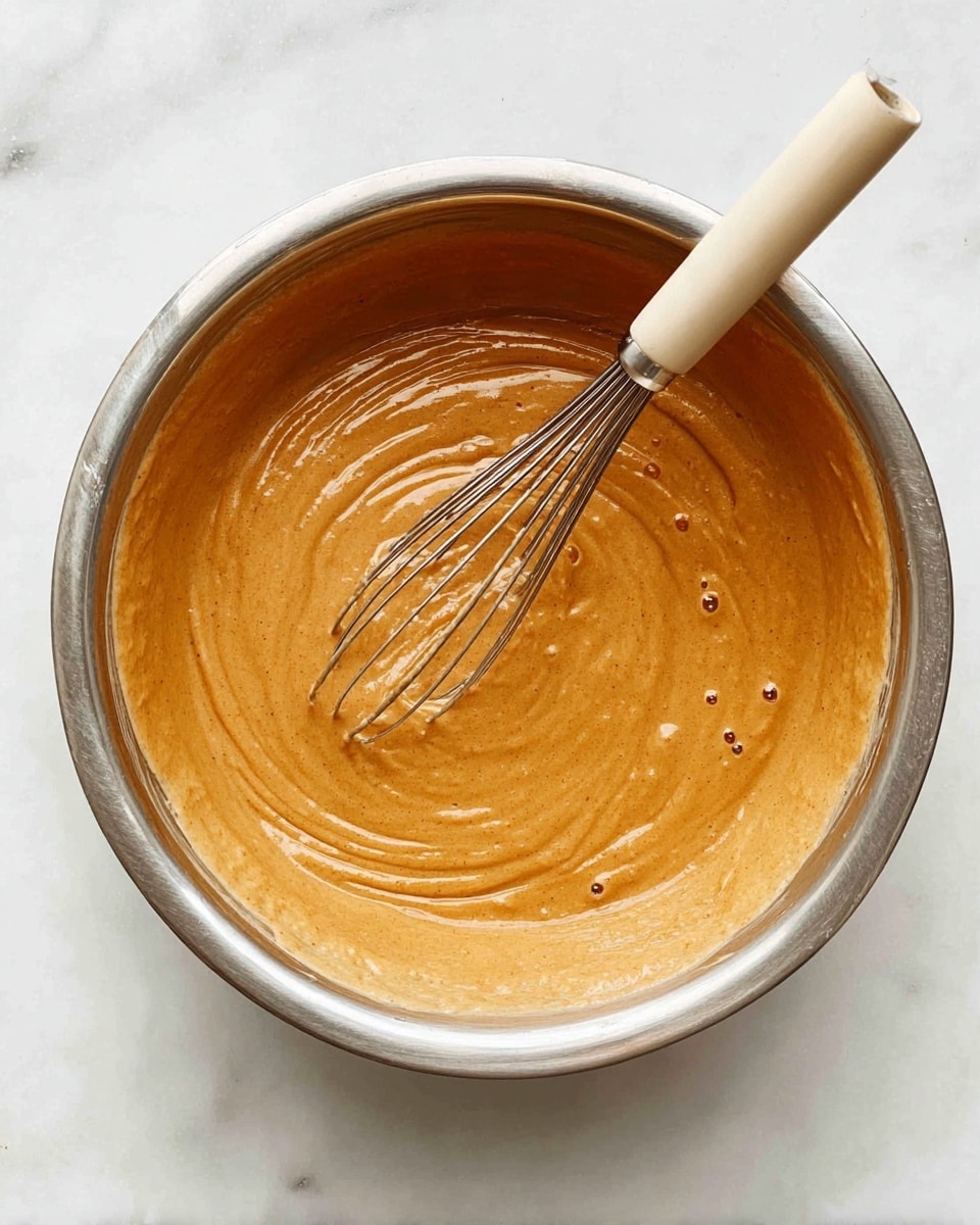 A metal bowl filled with thick, smooth light brown batter, swirled gently in a circular motion. The batter shows a glossy texture with a few small bubbles on the surface. A metal whisk with a light beige handle is placed inside the bowl, slightly dipped into the batter. The bowl sits on a white marbled surface, providing a clean and bright background. photo taken with an iphone --ar 4:5 --v 7