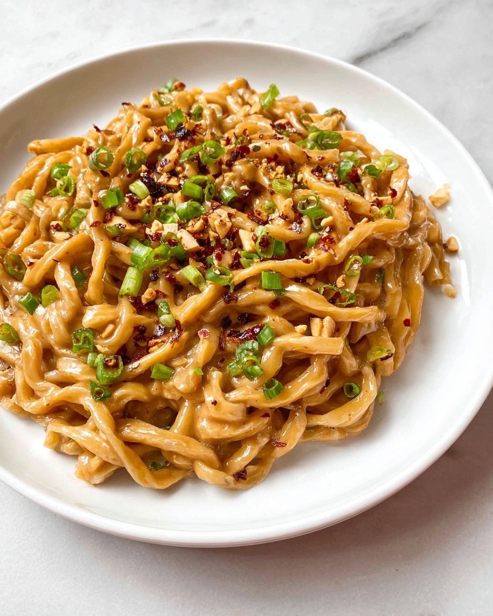 A white plate holds a serving of thick, twisted noodles that are covered in a smooth, light brown sauce. The noodles form the main layer, and they are sprinkled with small green rounds of chopped scallions and bits of crushed peanuts. Dark red chili flakes add small spots of color, giving a hint of spice. The plate is set on a white marbled surface. photo taken with an iphone --ar 4:5 --v 7