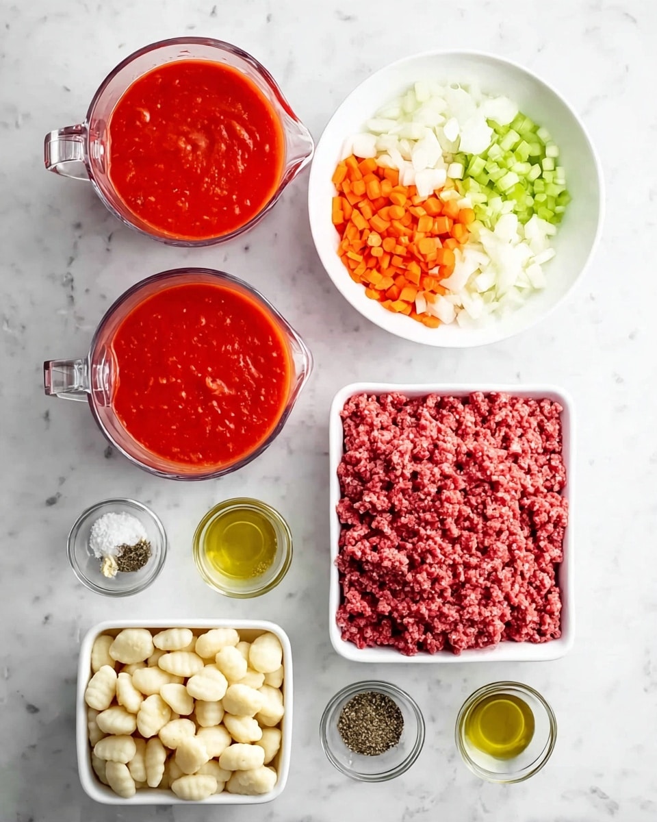 The image shows an arrangement of ingredients on a white marbled surface. At the top left, there are two clear glass measuring cups filled with bright red tomato sauce, one larger and one smaller. To the right, a white bowl is divided into three parts with shredded orange carrots, chopped white onions, and small green celery pieces. Below these, there are small glass bowls holding olive oil, minced garlic, salt, black pepper, and dried herbs. At the bottom left, there is a white container filled with pale gnocchi, and to the right, another white container holds raw ground meat with a deep red color and some specks of white fat. The colors and textures are clear and distinct, showing fresh ingredients ready to be cooked, photo taken with an iphone --ar 4:5 --v 7