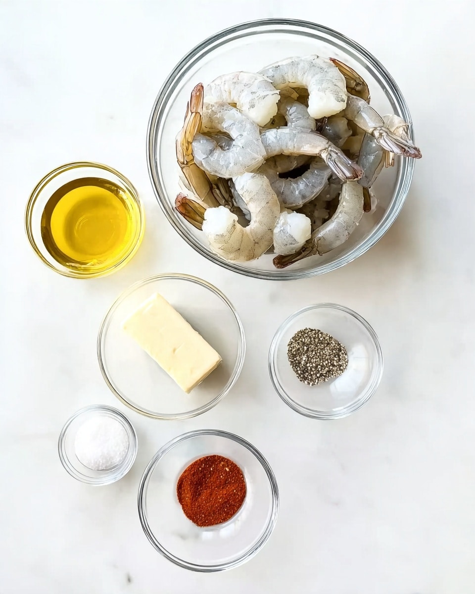 A clear round bowl filled with raw shrimp that are gray and white with curled tails sits on top of a white marbled surface. Around the shrimp bowl, there are four small clear glass bowls arranged in a loose square: one with golden yellow oil, one with a pale yellow square of butter, one with red and white powdered spices, and one with black and white ground pepper and salt. The scene is bright and clean with no larger background details visible, photo taken with an iphone --ar 4:5 --v 7