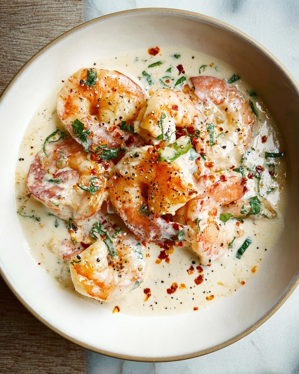The dish shows five large cooked shrimp with a light orange and pink color, arranged in a round white bowl. The shrimp are covered in a creamy white sauce with specks of green herbs and small red chili flakes sprinkled on top. The sauce has a smooth texture and spreads evenly around and under the shrimp. The shrimp also have small black pepper dots on them. The bowl rests on a white marbled surface. photo taken with an iphone --ar 4:5 --v 7