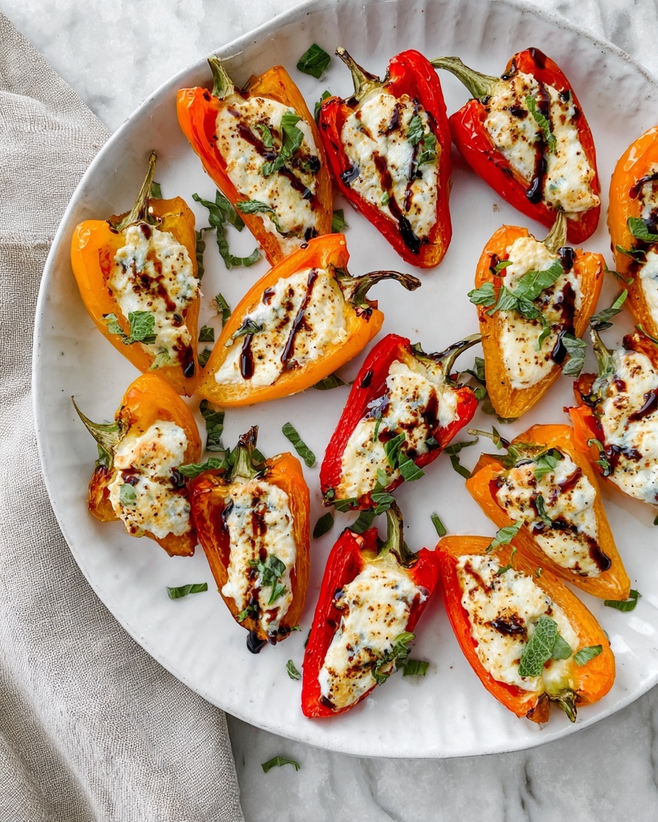 A white plate holds about twelve halves of small sweet peppers in red and orange, each filled with a creamy white cheese layer that has a soft texture. A drizzle of dark balsamic glaze runs unevenly over the peppers, adding thin shiny lines of dark brown. Small fresh green herb leaves are scattered on top of each pepper half, adding a touch of freshness and color contrast. The plate sits on a white marbled surface with a light gray cloth near the corner. The overall look is colorful and fresh, showing the stuffed peppers arranged in a loose circle. photo taken with an iphone --ar 4:5 --v 7