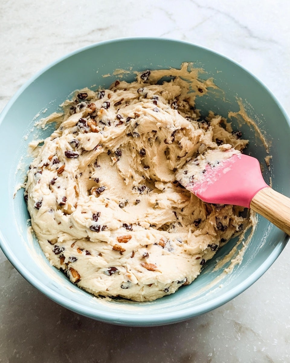 A light blue bowl filled with thick, creamy cookie dough mixed with small dark chocolate chips and pieces of nuts. The dough has a pale beige color, and the chocolate chips and nuts are scattered throughout the mixture evenly. A wooden spatula with a pink silicone head is resting inside the bowl, partially covered in dough. There is also a metal spoon partially hidden under the dough near the bowl’s edge. The bowl sits on a white marbled surface. Photo taken with an iphone --ar 4:5 --v 7
