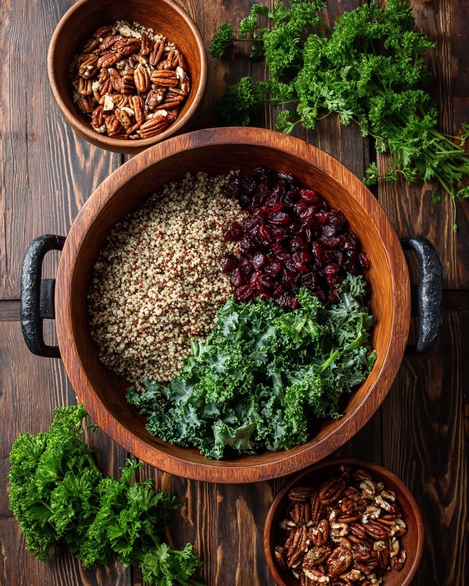 A wooden bowl with black handles holds four separate layers arranged in sections: light beige and red quinoa taking up nearly half of the bowl, bright dark green kale with a curly texture next to it, shiny red dried cranberries above the quinoa, and small chopped brown pecans near the kale. Around the bowl are three smaller wooden bowls, one filled with quinoa, another with chopped pecans, and the last with kale, all sitting on a dark wooden surface with some green parsley scattered around. Photo taken with an iphone --ar 4:5 --v 7
