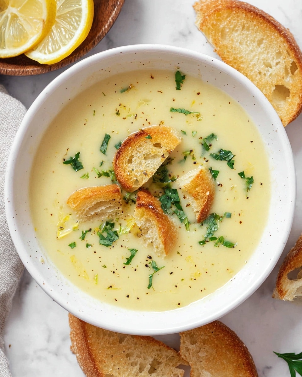 A white bowl filled with creamy pale yellow soup sits centered on a white marbled surface. On top of the soup, there are several pieces of golden brown toasted bread arranged loosely, sprinkled with small pieces of fresh green parsley and tiny specks of black pepper. Around the bowl, a few slices of toasted bread rest directly on the white marbled surface. To the left side, part of a wooden bowl with lemon slices is visible. The overall image has a bright, clean look. photo taken with an iphone --ar 4:5 --v 7