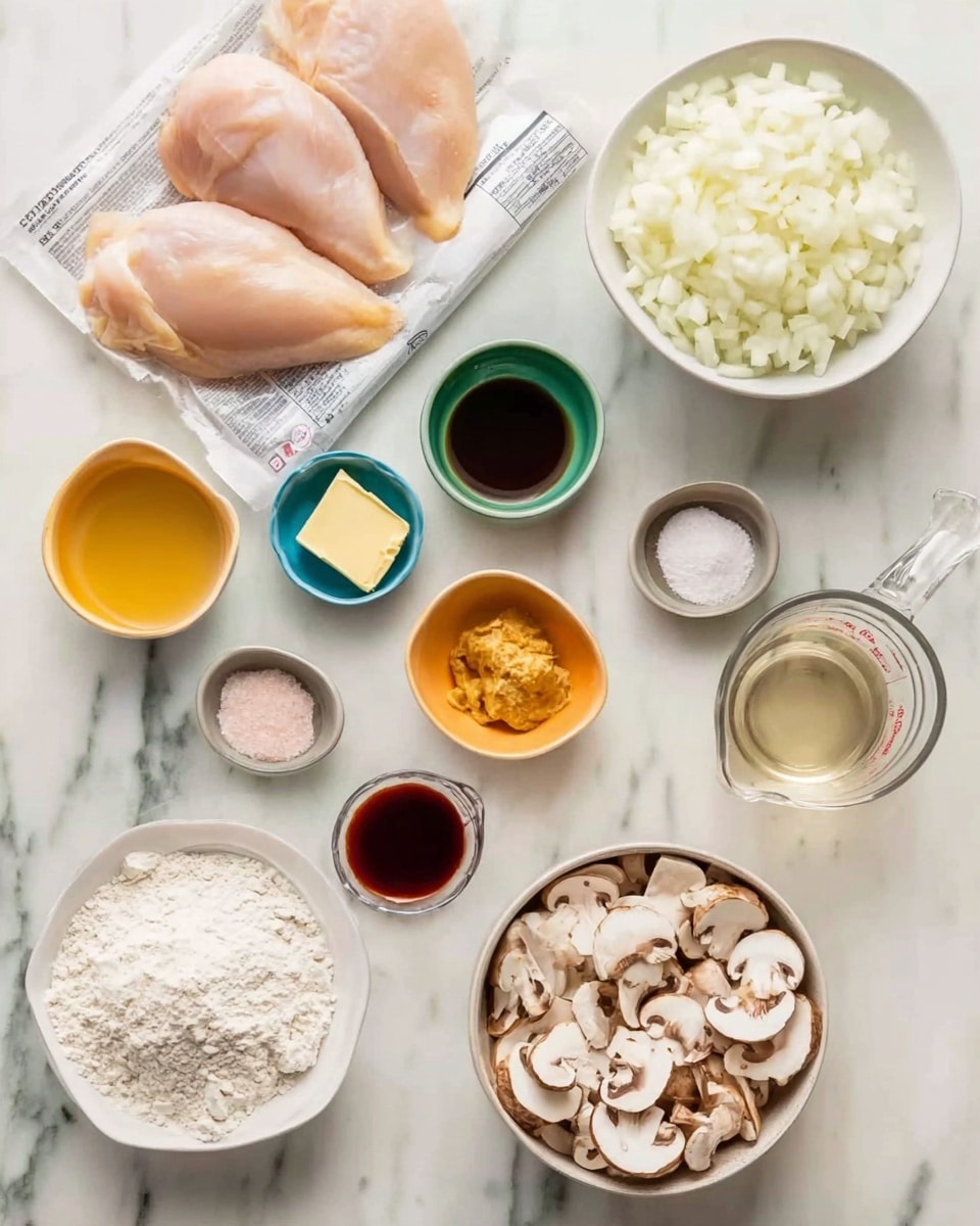 On a white marbled surface, there are two raw chicken pieces on plastic packaging at the top left, a white bowl filled with chopped white onions at the top right, and a variety of small bowls with different ingredients arranged neatly below. These include a small square of butter in a green bowl, garlic paste in an orange bowl, Dijon mustard in a small blue bowl, honey in a peach bowl, soy sauce in a yellow bowl, a small maroon bowl with pink salt, and a white plate with flour. Also visible are a measuring cup with cream, a bowl full of sliced mushrooms, and a glass measuring cup containing chicken broth. The scene is clear and well-organized with natural light, photo taken with an iphone --ar 4:5 --v 7