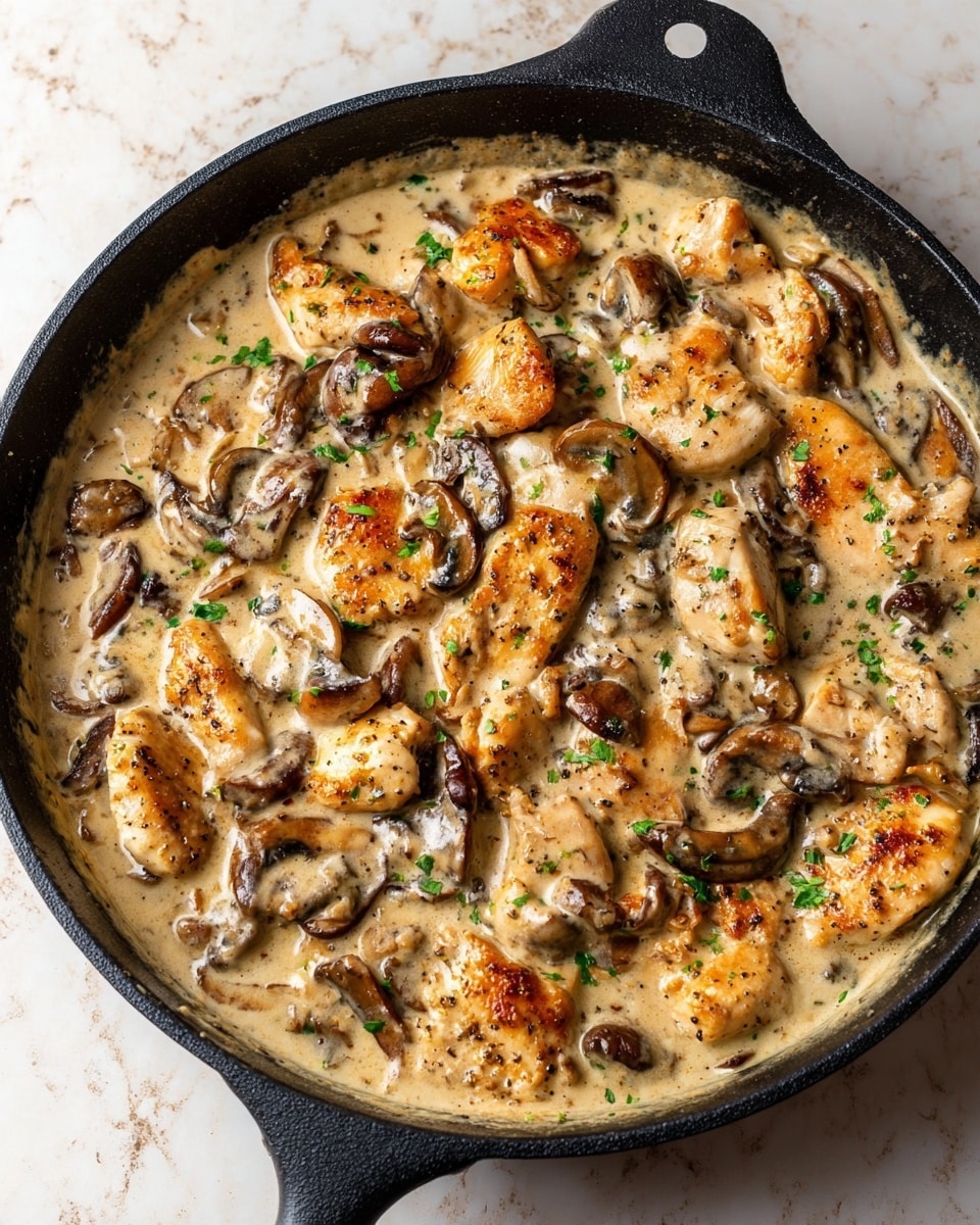 This image shows a black cast iron pan filled with a creamy dish made of browned chicken pieces and sliced mushrooms. The chicken pieces are golden brown with crispy edges and are spread evenly throughout the pan. The mushrooms are dark brown, some sliced and others whole, mixed seamlessly with the chicken. The creamy sauce is light beige with flecks of black pepper and herbs giving it texture. Small bits of fresh green herbs are sprinkled on top, adding a touch of color to the dish. The pan handle points to the upper left corner and the white marbled surface underneath contrasts softly with the warm tones of the food photo taken with an iphone --ar 4:5 --v 7