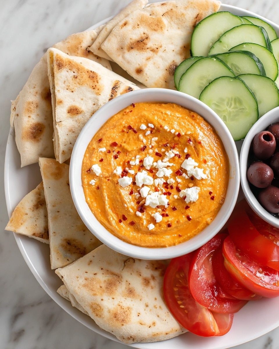 A white bowl filled with smooth, bright orange dip topped with small white cheese crumbles and red pepper flakes sits in the center of a large white plate. Surrounding the bowl, there are six beige pita bread triangles with lightly toasted spots. Around the pita, on the top right side, there are several slices of fresh green cucumber, and next to them are ripe red grape tomatoes, one sliced in half to show its inside. On the bottom right edge of the plate, there is a small white bowl filled with shiny dark and light olives. All of this is set on a white marbled surface. photo taken with an iphone --ar 4:5 --v 7