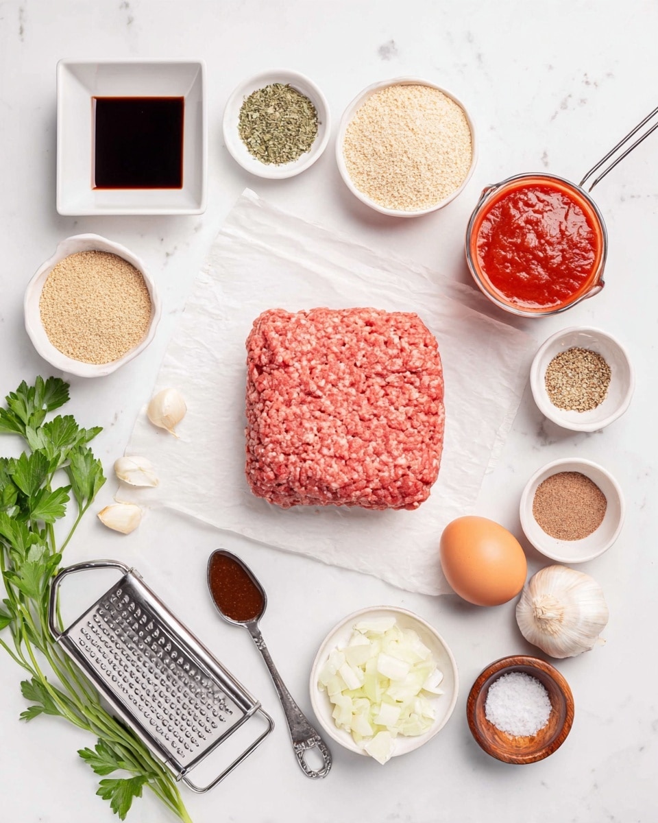 The image shows a white marbled surface with a square block of raw ground meat placed on a piece of parchment paper in the center. Surrounding it are small white bowls and containers holding different ingredients: to the top left, a small white square dish with dark liquid, next to it a round white bowl filled with light brown breadcrumbs, and a three-section white dish containing green dried herbs, light beige powder, and pale yellow powder. On the right, there is a metal measuring cup filled with bright red tomato sauce, a whole brown egg, a small white bowl with brown sugar, and two small wooden bowls with coarse salt and ground black pepper. Below the meat, there are three garlic cloves in a small white bowl and a small white bowl with chopped white onions. A metal grater with some minced garlic and a silver spoon with a dark thick sauce on it rest near the garlic and onions. Fresh green parsley leaves are partially visible on the left side of the image. The whole setup is bright and clean-looking, photo taken with an iphone --ar 4:5 --v 7