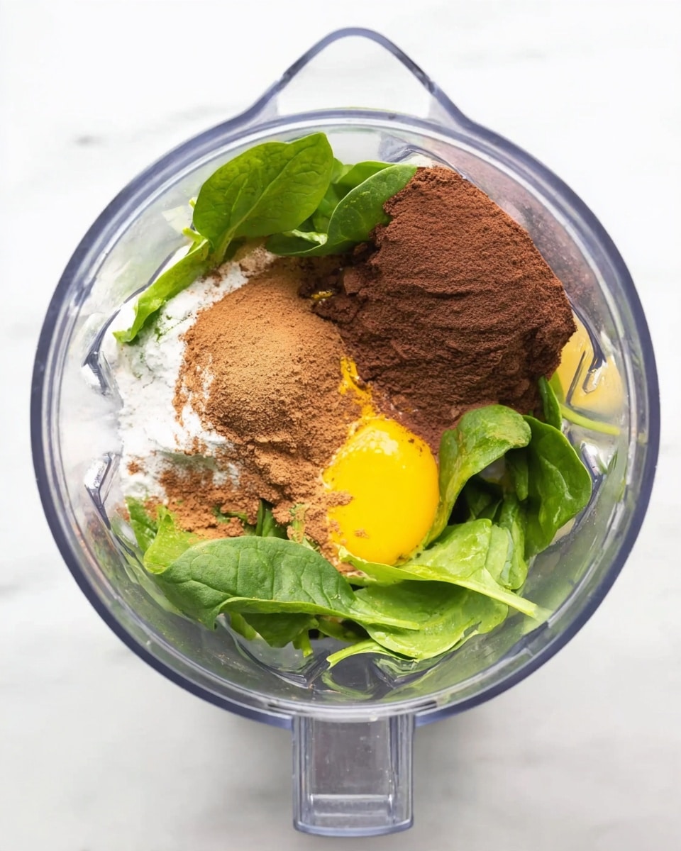 The image shows a clear blender bowl from above with several ingredients layered inside. At the bottom, there are fresh green spinach leaves with a bright yellow egg yolk near the center. On top of the spinach and yolk, there is a mound of light brown cinnamon powder placed on the left and a heap of dark brown cocoa powder on the right. White powder, likely baking soda or baking powder, sits in a small amount near the cocoa powder. The blender is set against a white marbled surface. Photo taken with an iphone --ar 4:5 --v 7