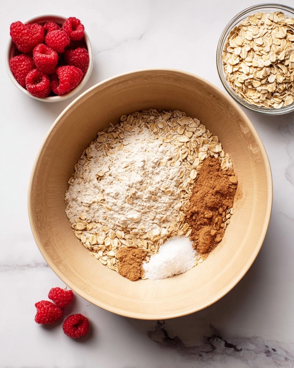A large beige bowl filled with layers of dry ingredients, showing a base of light tan rolled oats covering most of the bowl's bottom. On top of the oats are small piles: white flour and baking powder near the center, light brown sugar to the right, and light brown cinnamon powder to the left. To the left of the bowl is a small white bowl filled with fresh red raspberries, with some raspberries also scattered on the white marbled surface. To the right of the beige bowl is a small round clear glass container filled with more rolled oats. Photo taken with an iphone --ar 4:5 --v 7