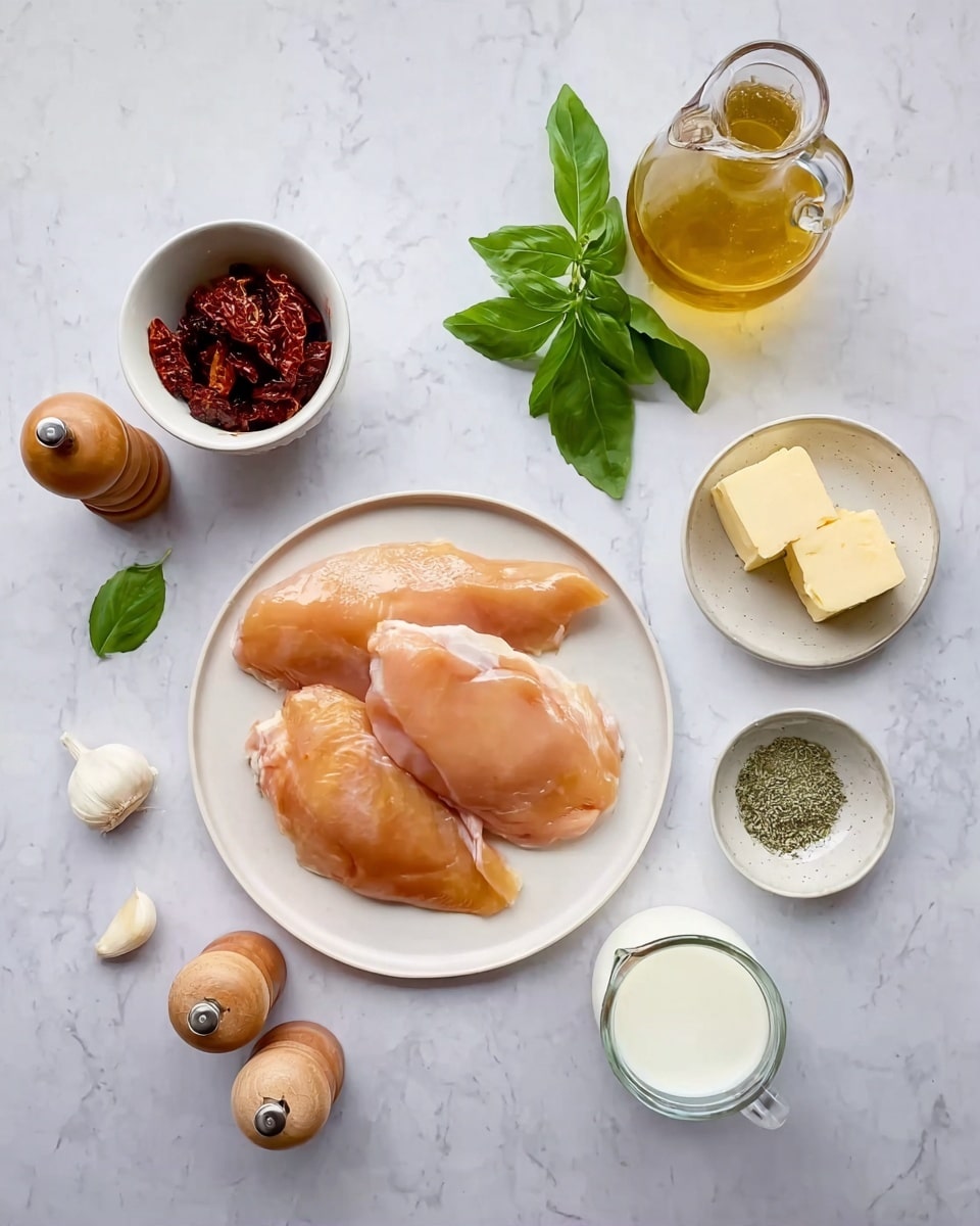 The image shows a white plate in the center with three raw, light orange chicken pieces layered slightly on top of each other. Around the plate on a white marbled surface, there is a small white bowl with dark red sun-dried tomatoes, next to two wooden salt and pepper shakers. A small glass bottle filled with a light greenish oil is near two white garlic cloves. Fresh green basil leaves are placed near a clear glass jug filled with a golden liquid, probably broth. At the top right, there is a small white dish with two square chunks of light yellow butter and another white dish with dried herbs. A clear bottle with white liquid, likely milk, stands near the butter dish. Photo taken with an iphone --ar 4:5 --v 7