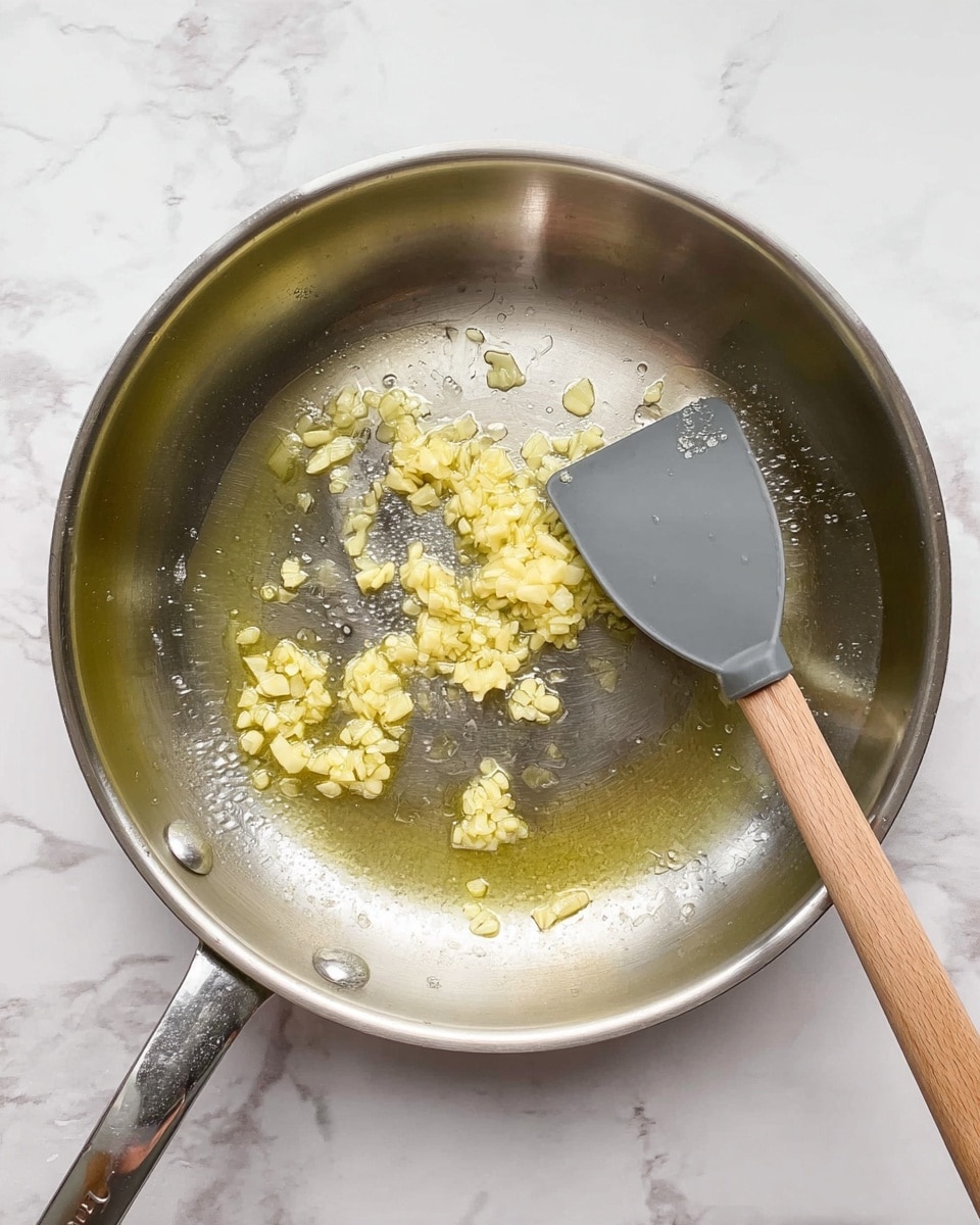A stainless steel pan on a white marbled surface contains small pieces of light yellow garlic being cooked in a thin layer of oil, which adds a shiny texture to the pan's surface; a gray spatula with a wooden handle rests on the right side of the pan, slightly touching the garlic pieces. photo taken with an iphone --ar 4:5 --v 7