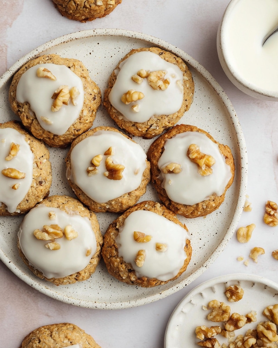 There is a white speckled plate on a white marbled surface holding six round cookies. Each cookie is light brown with visible texture from oats or nuts, and topped with a smooth, shiny layer of white icing. On top of the icing, small chunks of walnuts are scattered. There is a small white bowl filled with extra icing towards the top right of the image, and a smaller white dish with more walnut pieces near the bottom right. Some walnut pieces are also scattered around the plate. Photo taken with an iphone --ar 4:5 --v 7