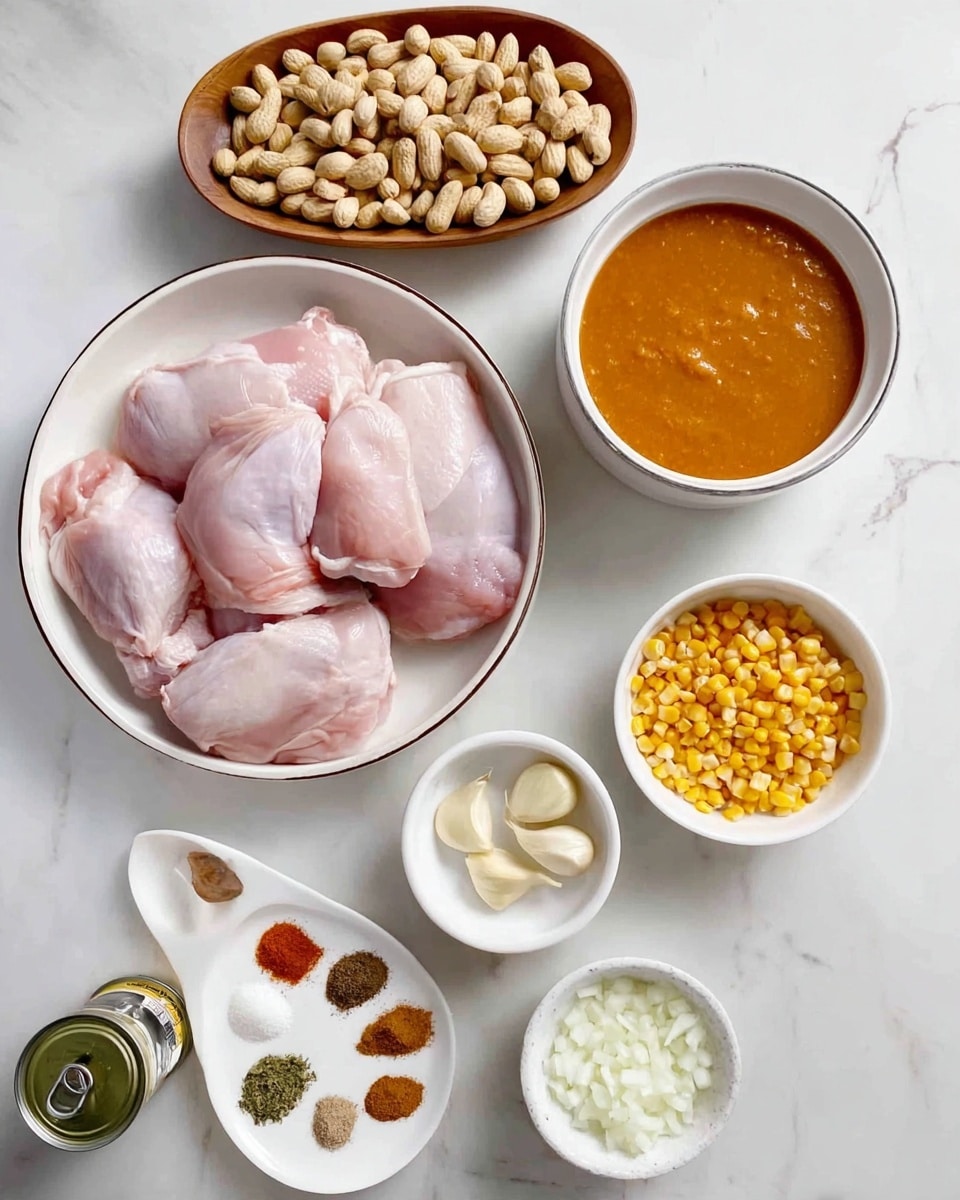 The image shows various ingredients placed on a white marbled surface in white bowls and plates. There are four raw pink chicken pieces arranged in a white plate with a thin dark rim. Nearby, there is a white bowl filled with a smooth orange sauce. Another white bowl contains yellow corn kernels. A small white bowl holds three peeled garlic cloves. A small plate has six different spices and herbs arranged in small separate piles including powdery brown, light tan, dark brown, white salt, and green dried herbs. There are whole peanuts in a wooden oval bowl, and a small white bowl holds finely chopped white onions. A can with some green contents is also visible. The scene is evenly lit, with a clean and simple presentation, photo taken with an iphone --ar 4:5 --v 7