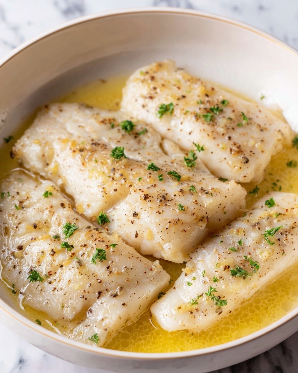 Inside a round white bowl, there are five pieces of light beige cooked fish fillets arranged close together, partially covered with a shiny yellow garlic butter sauce. The fillets have a smooth texture with tiny black pepper specks scattered on top. Small green parsley bits are sprinkled over the fish, adding a fresh splash of color. The sauce creates a slight shine on the fish, pooling gently at the bottom of the bowl. The background surface is a white marbled texture. Photo taken with an iphone --ar 4:5 --v 7