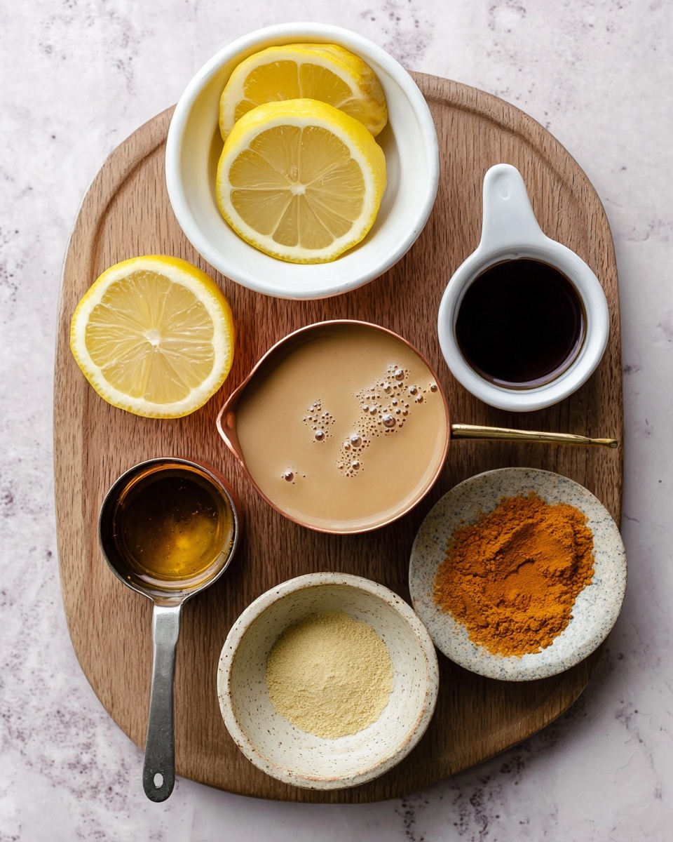 A wooden tray is placed on a white marbled surface, holding several small containers with ingredients. At the top left, there is a white bowl with two lemon halves, bright yellow and fresh. To the right, a small white bowl has a dark brown liquid. Below that, a copper measuring cup filled with a creamy light tan liquid with small bubbles rests on the tray. On the left side, another copper measuring cup is filled with a dark golden liquid. Below it is an empty white bowl. Near the bottom center, a small speckled beige bowl holds a pale yellow powder, and to its right, another speckled beige bowl contains a heap of bright orange powder. Photo taken with an iphone --ar 4:5 --v 7