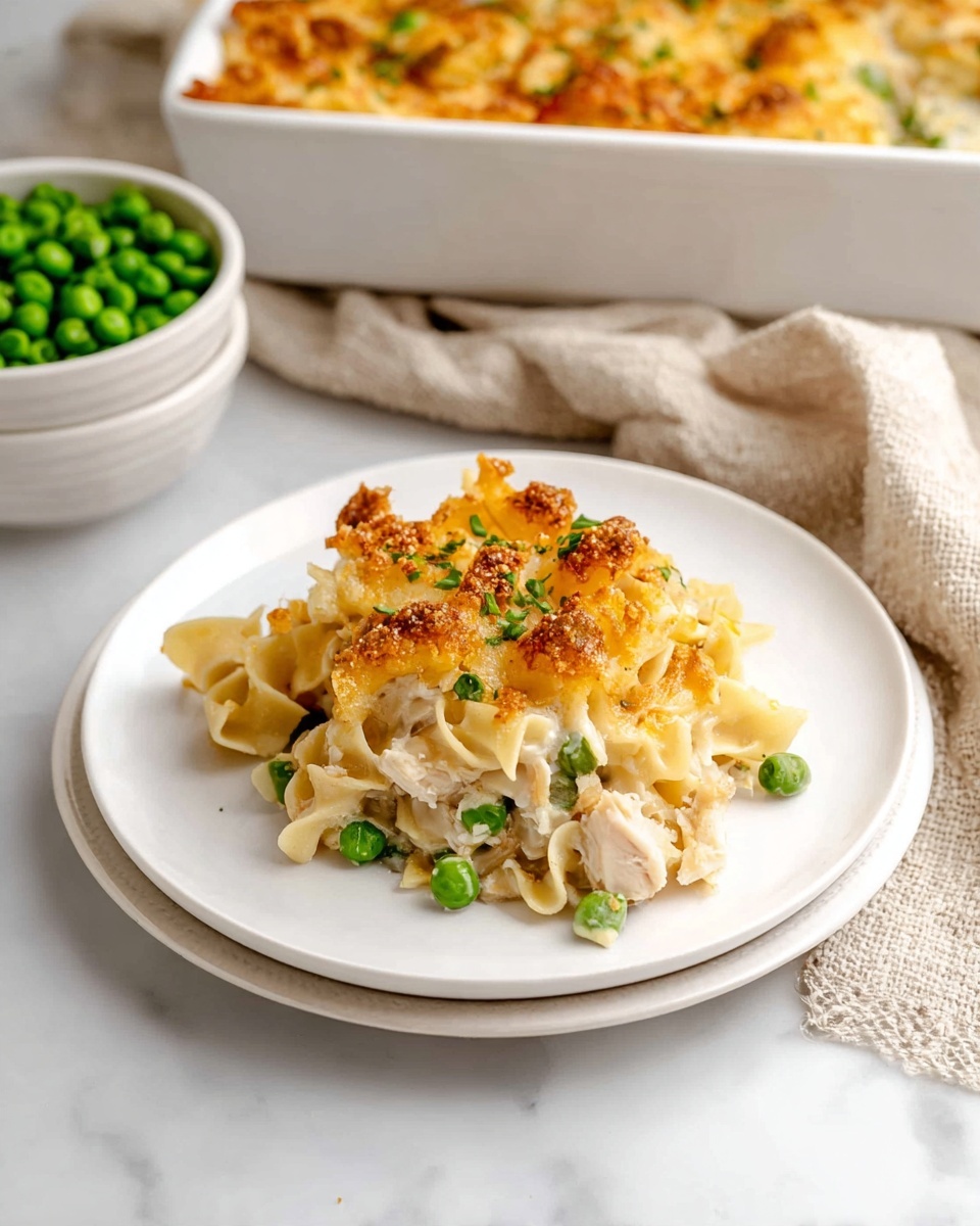 A white plate holds a single serving of a casserole dish with three visible layers: the top layer is golden brown, crispy melted cheese, below it is a creamy, pale yellow sauce mixed with egg noodles and tender pieces of chicken, and scattered bright green peas throughout add small pops of color. The plate rests on a white marbled surface, with a beige cloth nearby, a white dish of peas in the background, and a white baking dish full of the same casserole partially visible at the top. Photo taken with an iphone --ar 4:5 --v 7