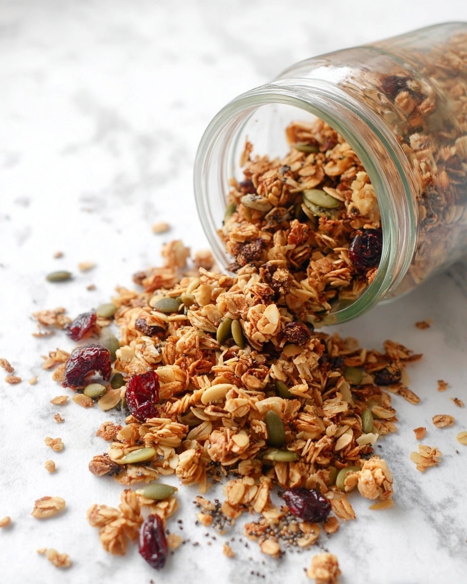A clear glass jar tipped over on a white marbled surface with golden-brown granola spilling out. The granola has many small clusters of rolled oats mixed with green pumpkin seeds, dark red dried berries, and small chia seeds scattered around. The textures range from crunchy oat flakes to the smoother seeds and chewy dried berries, all spread randomly in front of the jar’s opening. photo taken with an iphone --ar 4:5 --v 7